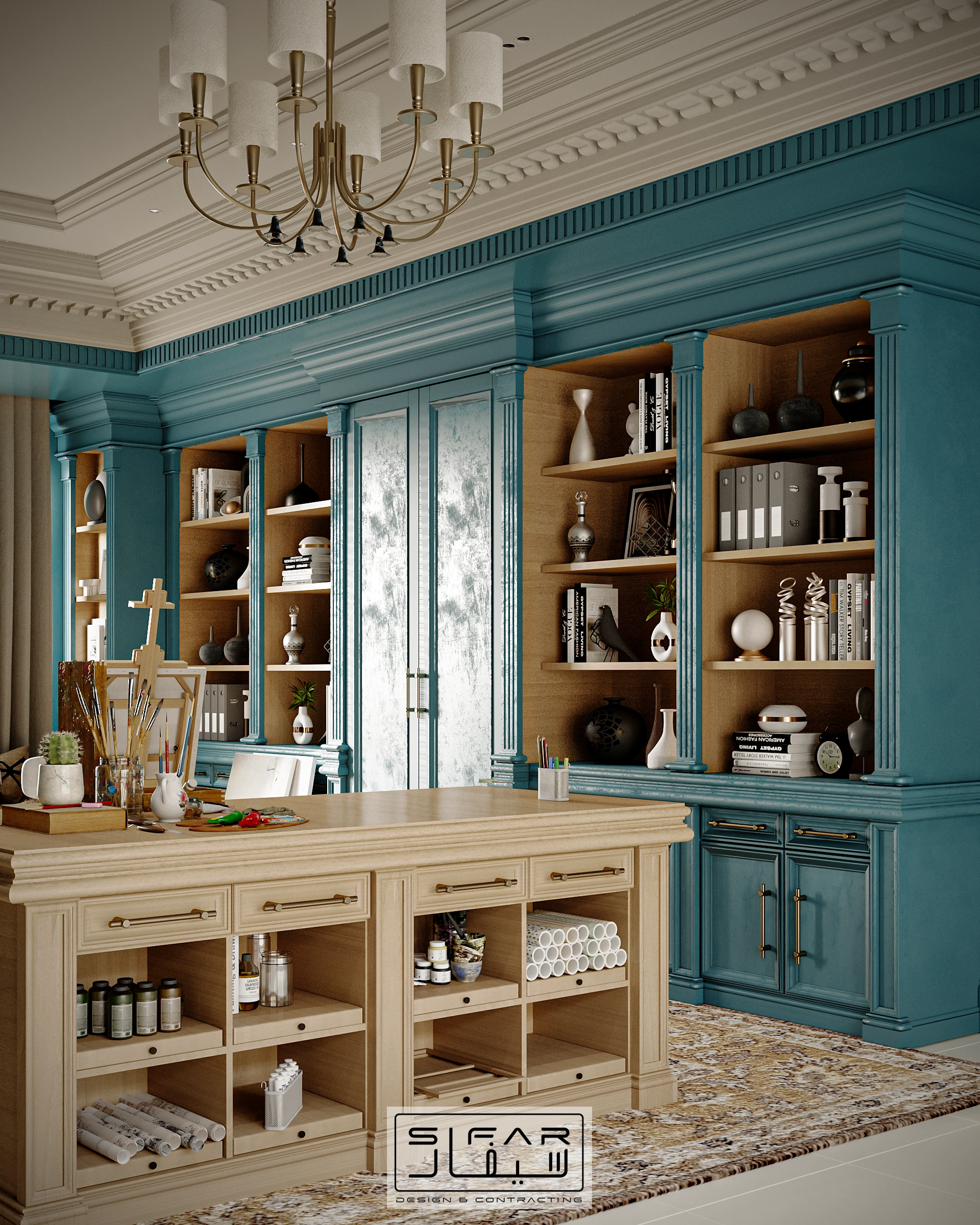 Bespoke teal cabinetry detail with display shelves, concealed storage, central work island, and decorative accessories