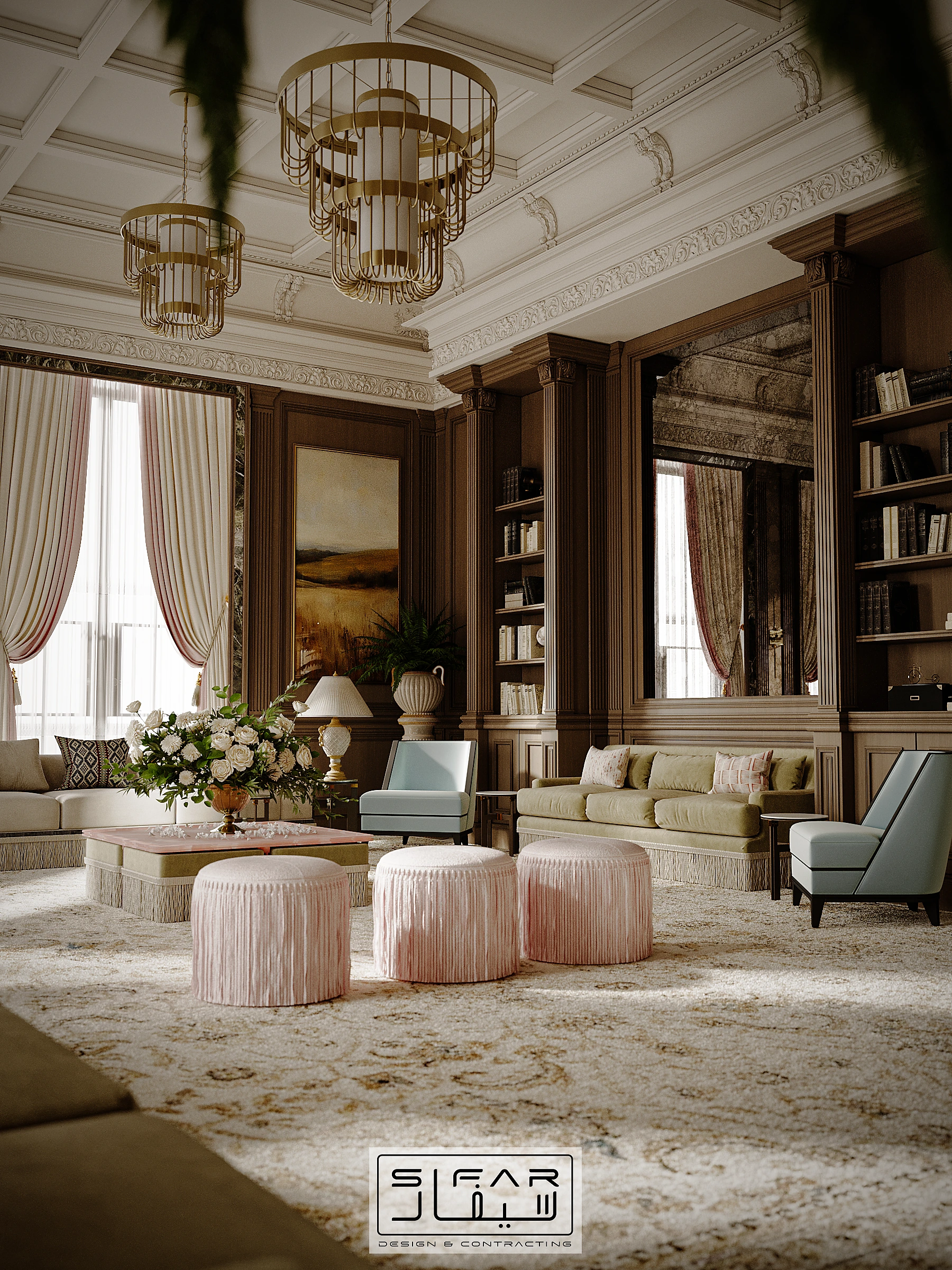 SIFAR private library lounge concept with dark timber panelling, built-in bookshelves, soft seating, and statement chandeliers