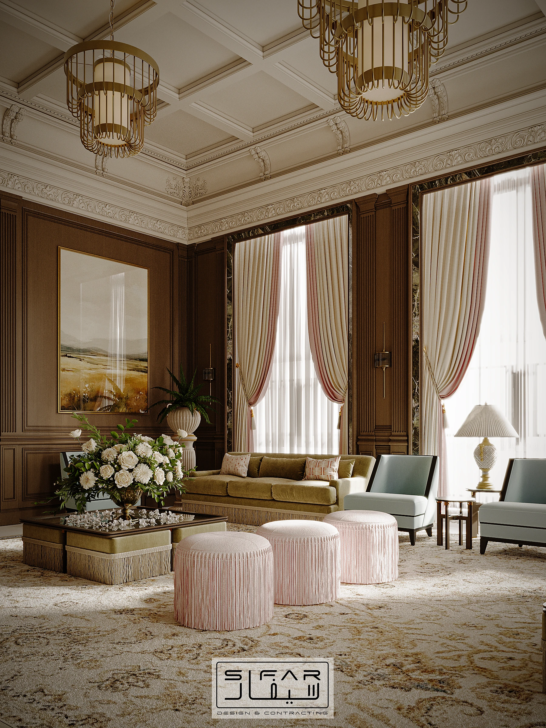 Private lounge wide view with timber wall panels, pastel seating, pink ottomans, tall windows, and layered lighting
