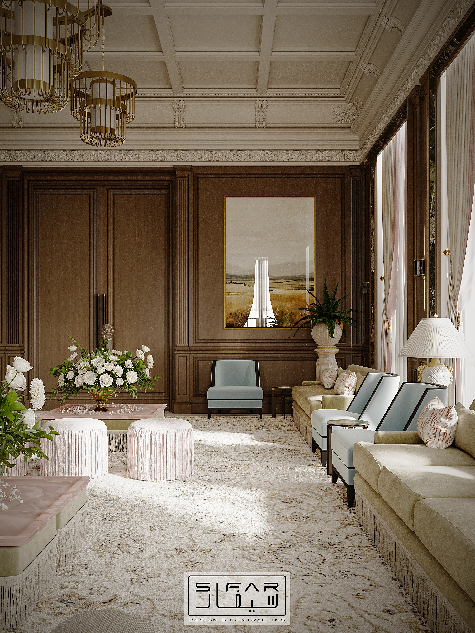 Private library lounge depth view with timber panelling, long sofa, framed artwork, and integrated seating