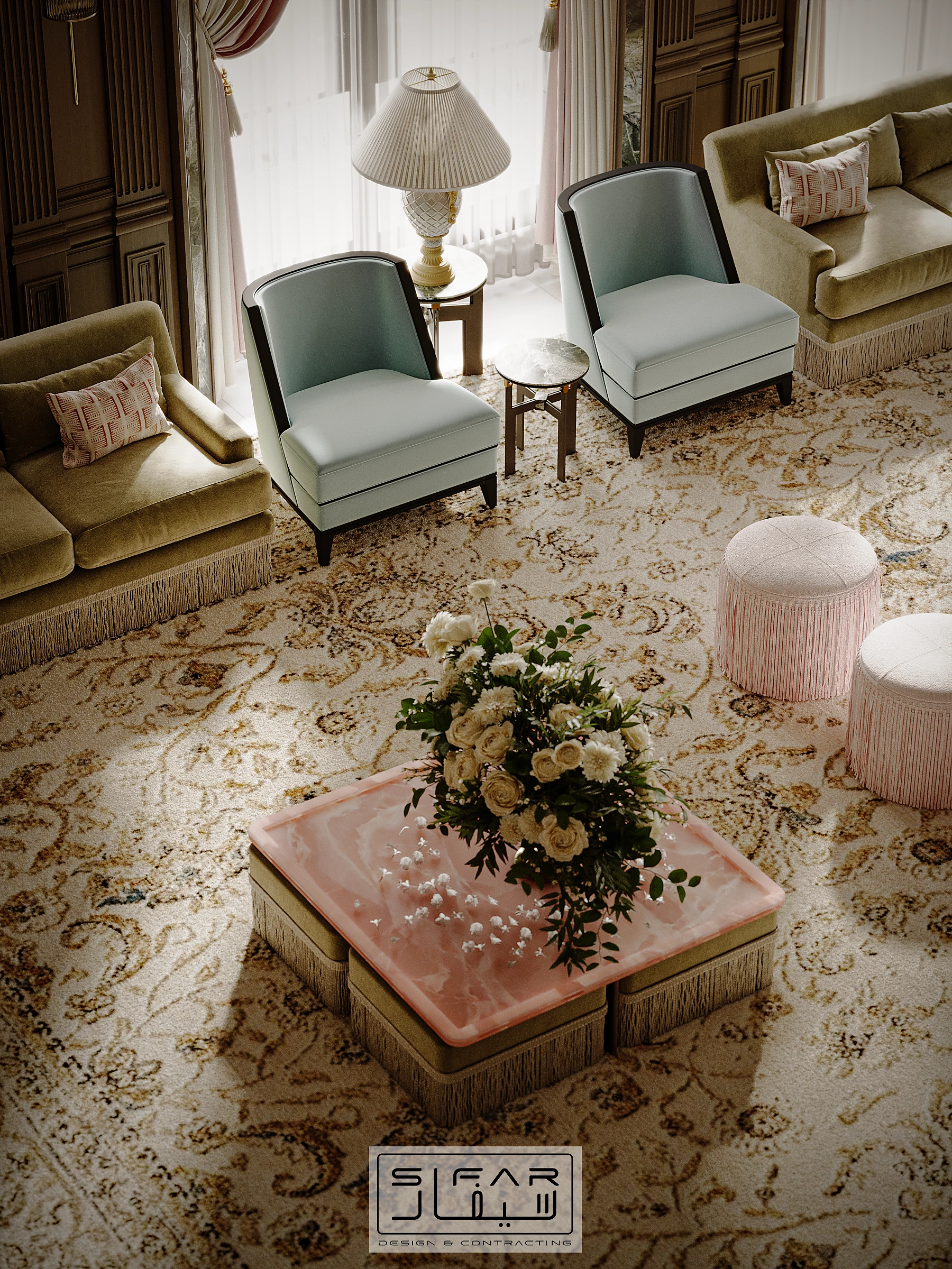 Private lounge furniture detail with pink coffee table, upholstered stools, pastel armchairs, and patterned carpet