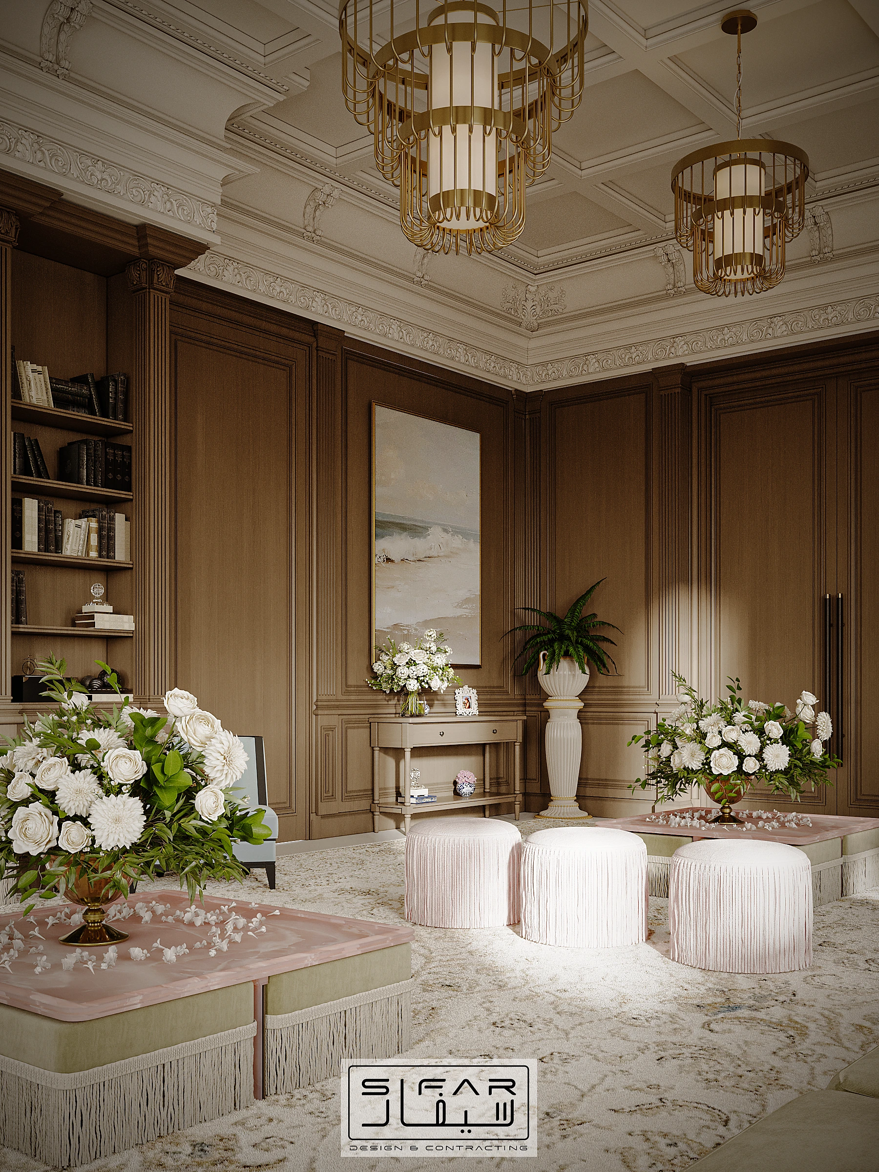 Timber wall panelling concept with integrated shelves, framed artwork, chandeliers, and lounge seating
