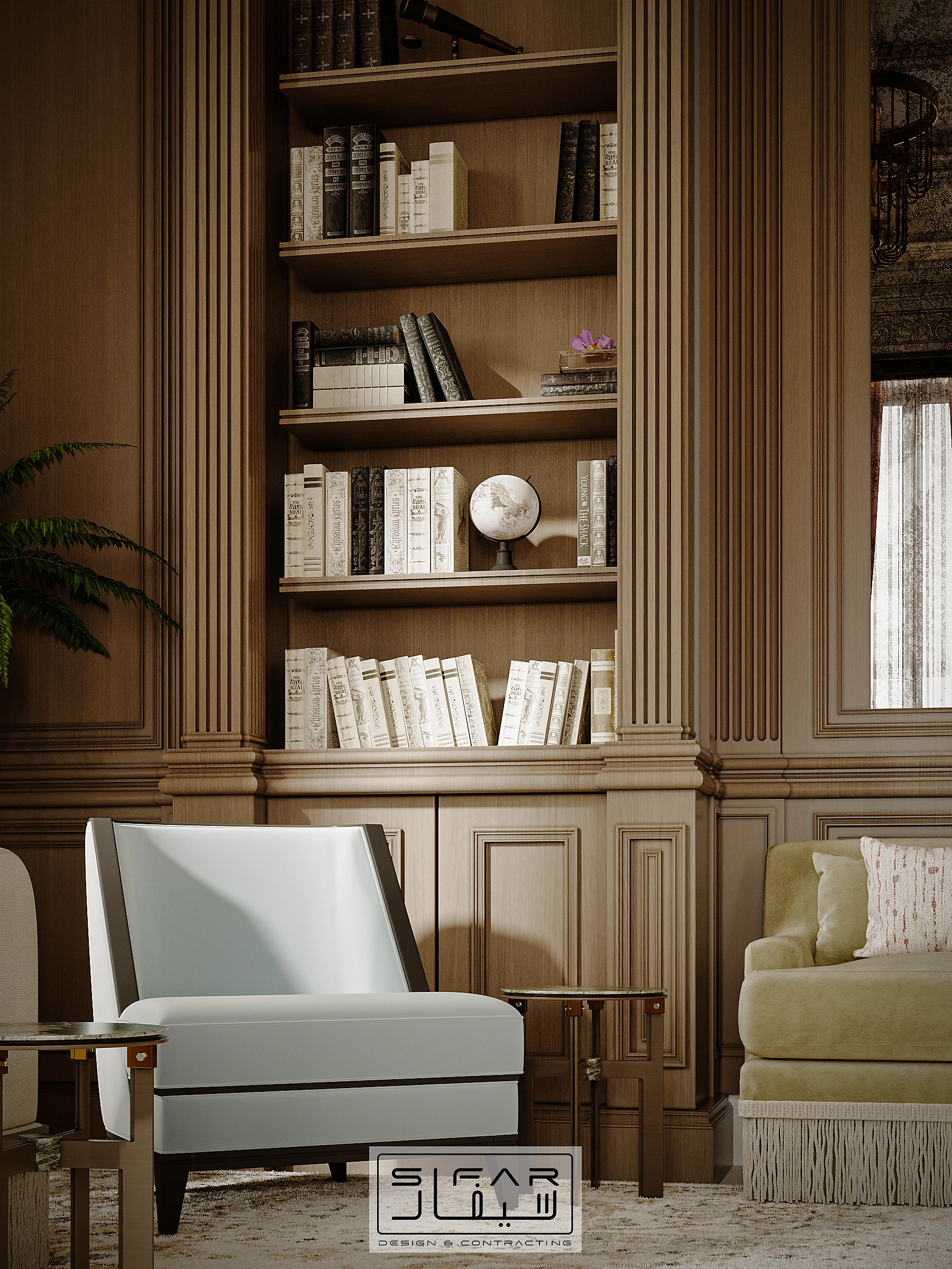 Custom library joinery detail with built-in bookshelves, fluted timber panelling, armchair, and integrated cabinetry