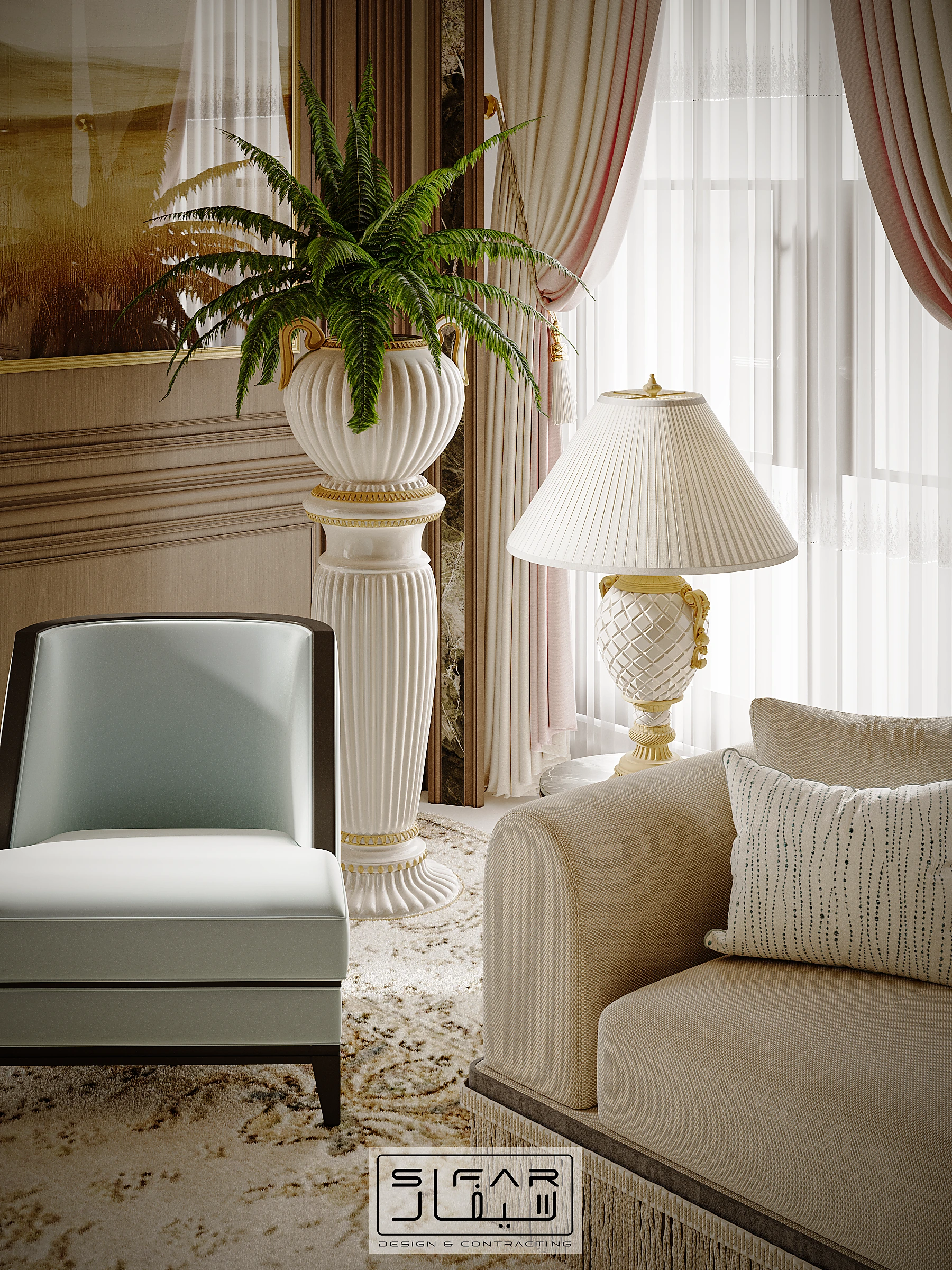 Private lounge seating detail with pale blue armchair, neutral sofa, classical lamp, indoor planting, and layered drapery