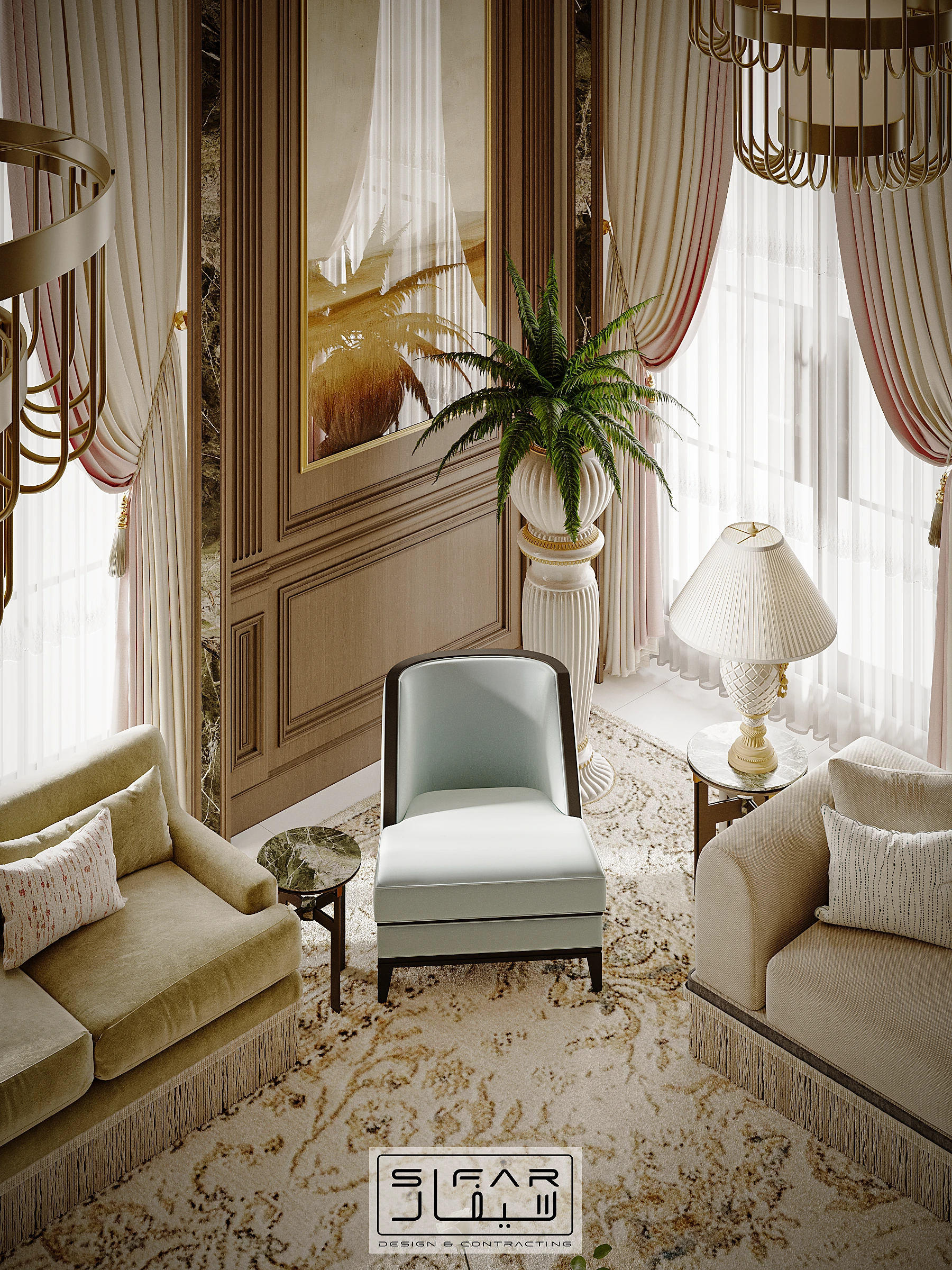 Library lounge window corner with pale blue armchair, tailored drapery, classical wall panels, and warm timber accents