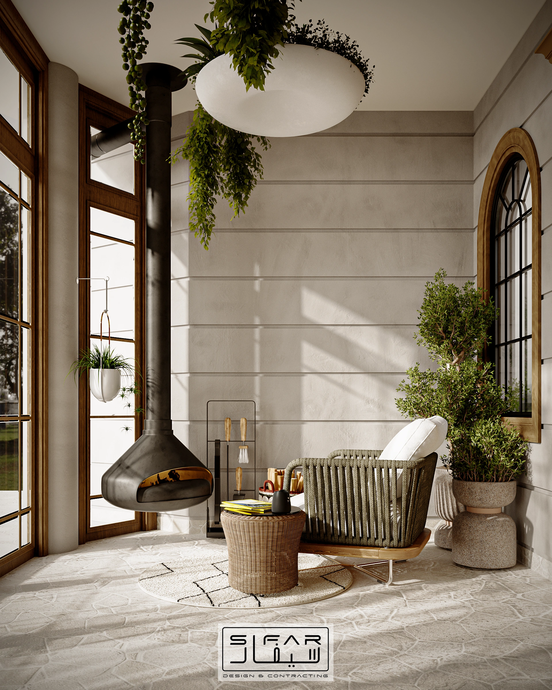 SIFAR garden sunroom concept with hanging fireplace, lounge chair, indoor planting, warm timber windows, and natural light