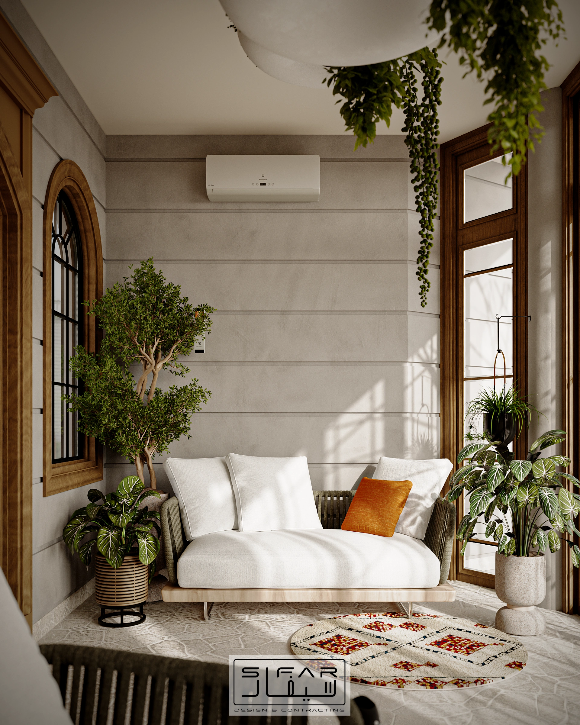 Bright garden room seating concept with white lounge chair, indoor trees, timber windows, and warm natural textures