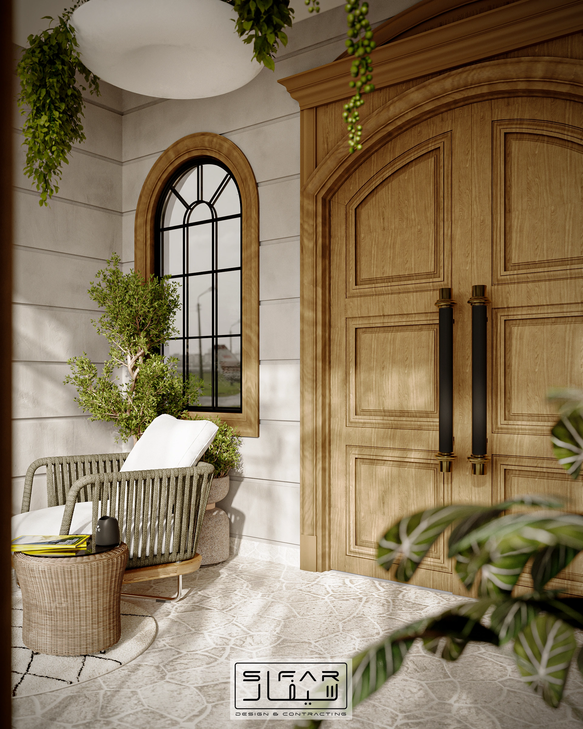 Garden sunroom entry detail with arched timber door, lounge chair, indoor planting, and classical wall finish