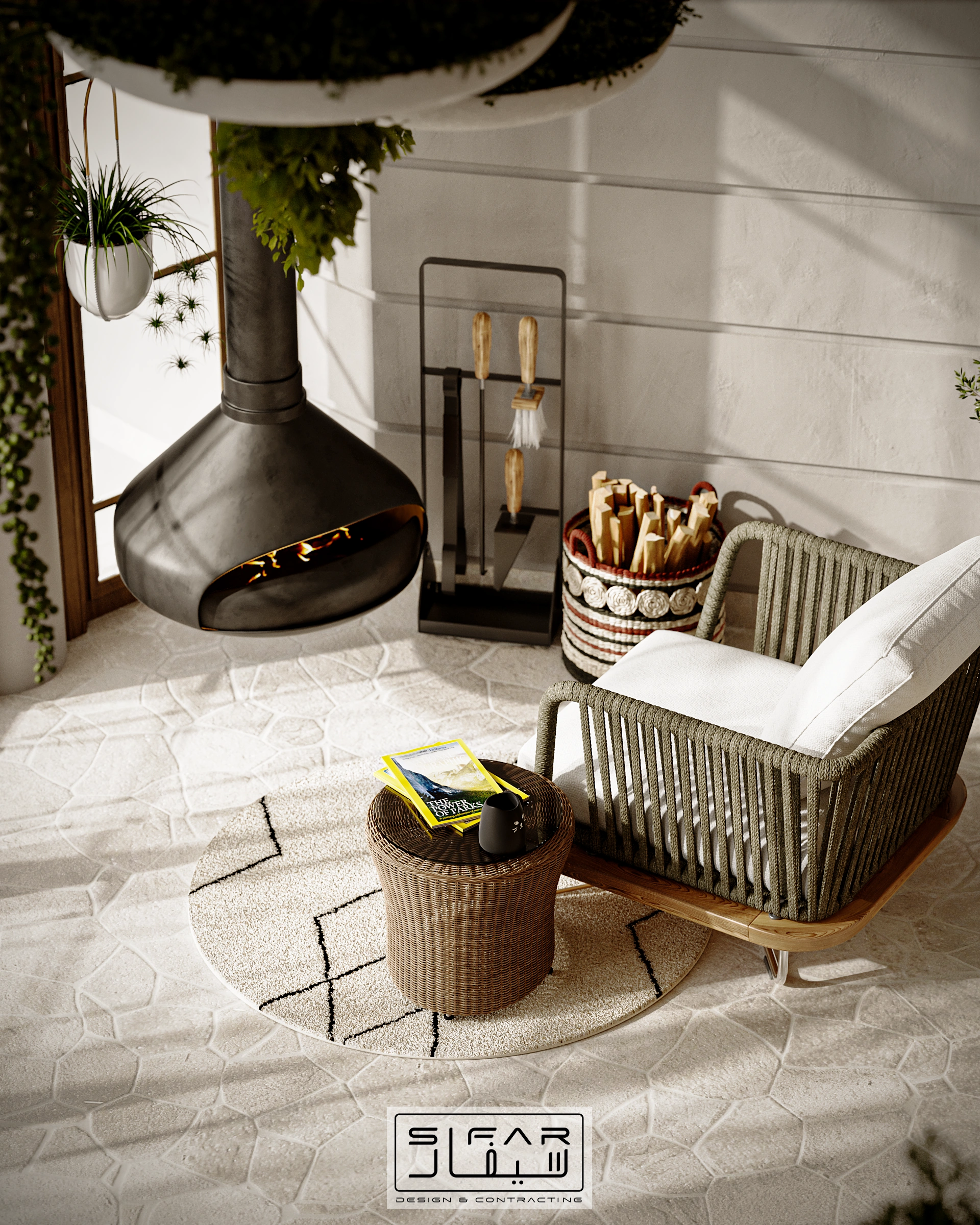 Garden room detail with suspended black fireplace, woven lounge chairs, small tables, and soft patterned rug