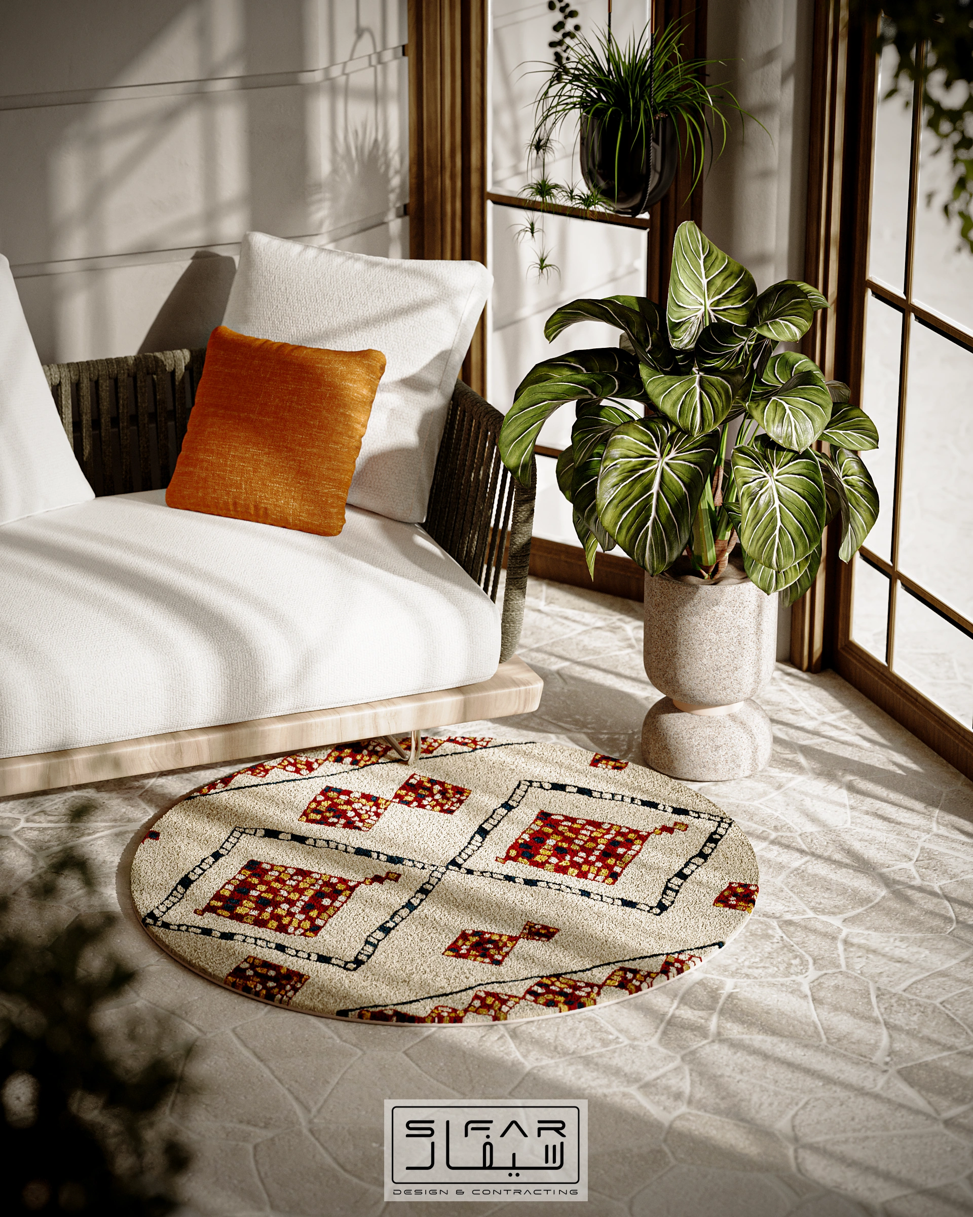 Sunroom plant and seating detail with white lounge chair, patterned rug, large leafy planter, and timber glazing