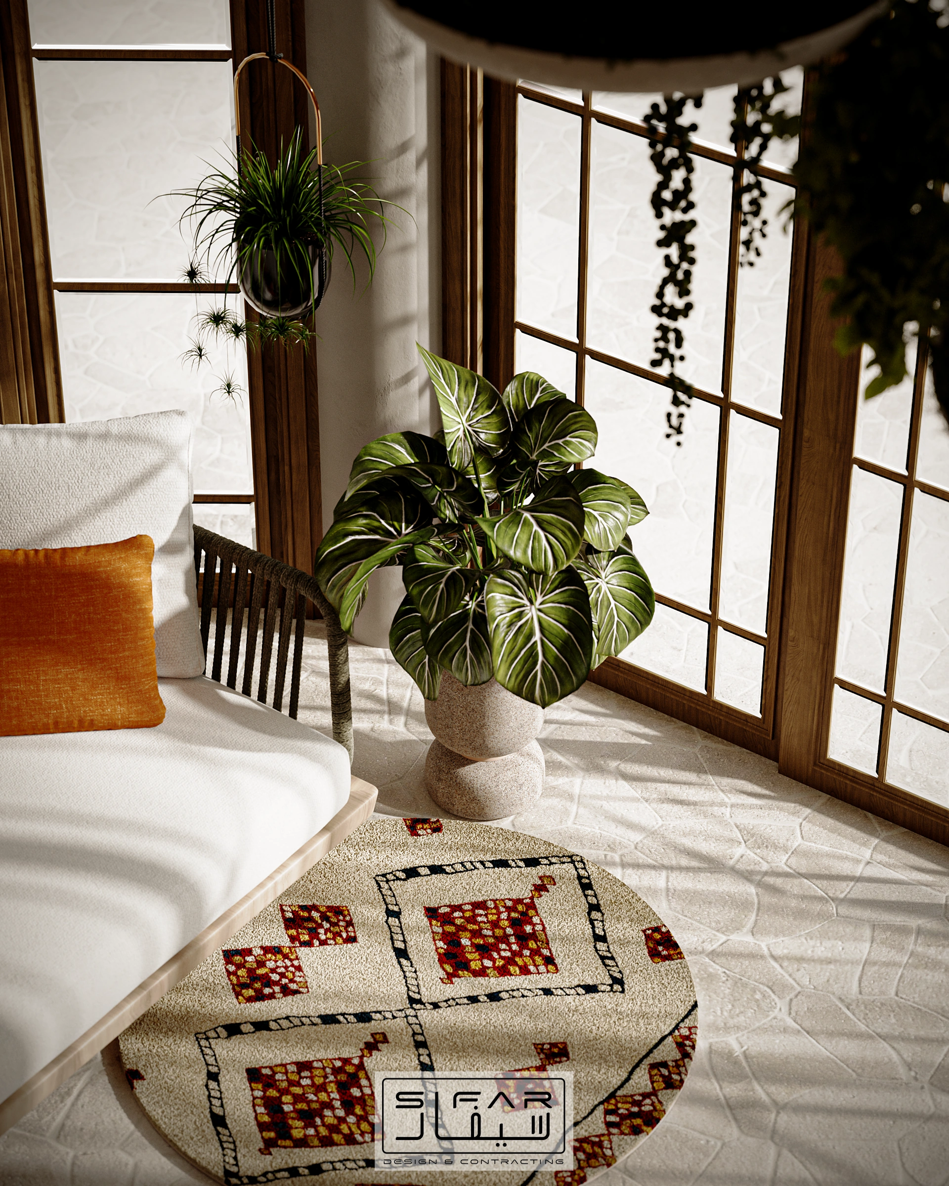 Garden sunroom window detail with leafy indoor plant, timber-framed glazing, white seating, and patterned textiles