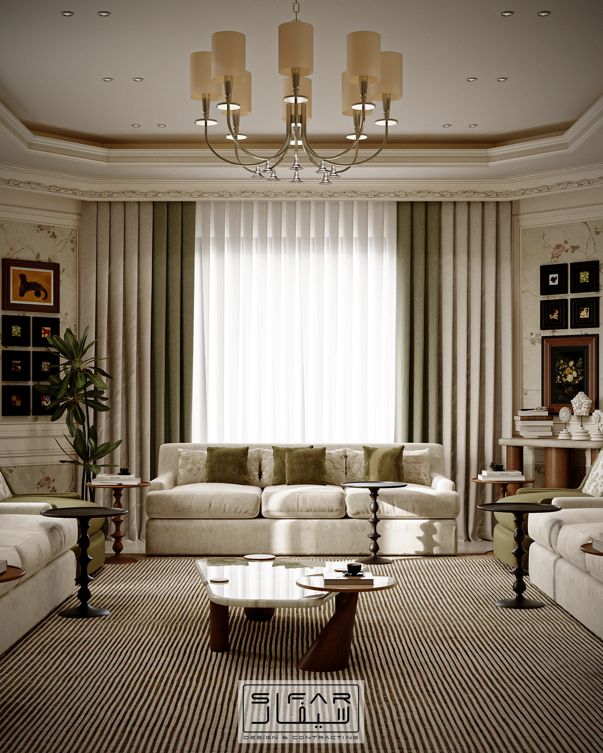 SIFAR Aisha majlis concept with symmetrical neutral sofas, olive accents, framed artwork, layered drapery, and chandelier