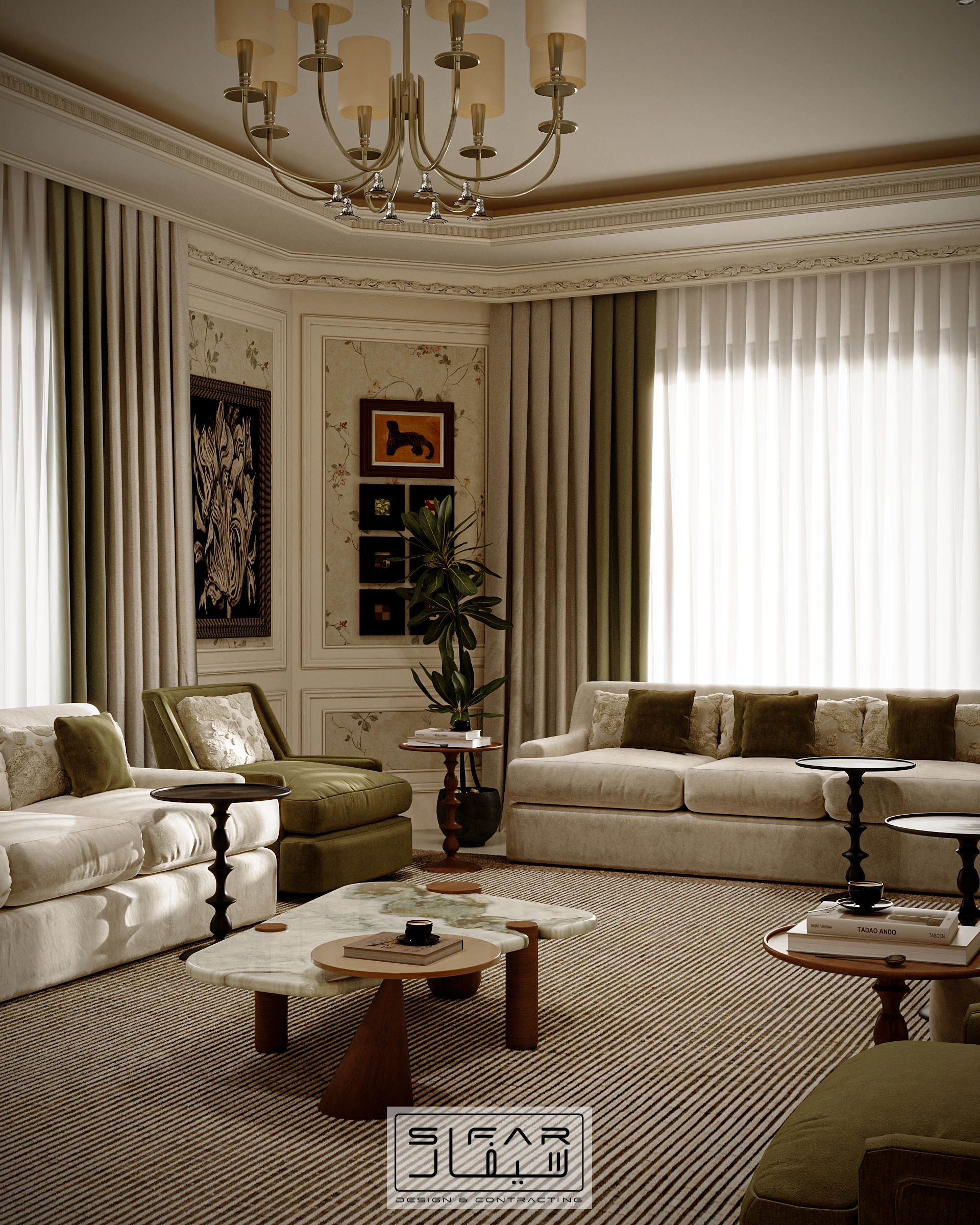 Aisha majlis wide view with neutral sofas, olive lounge chair, layered curtains, artwork, and warm chandelier lighting
