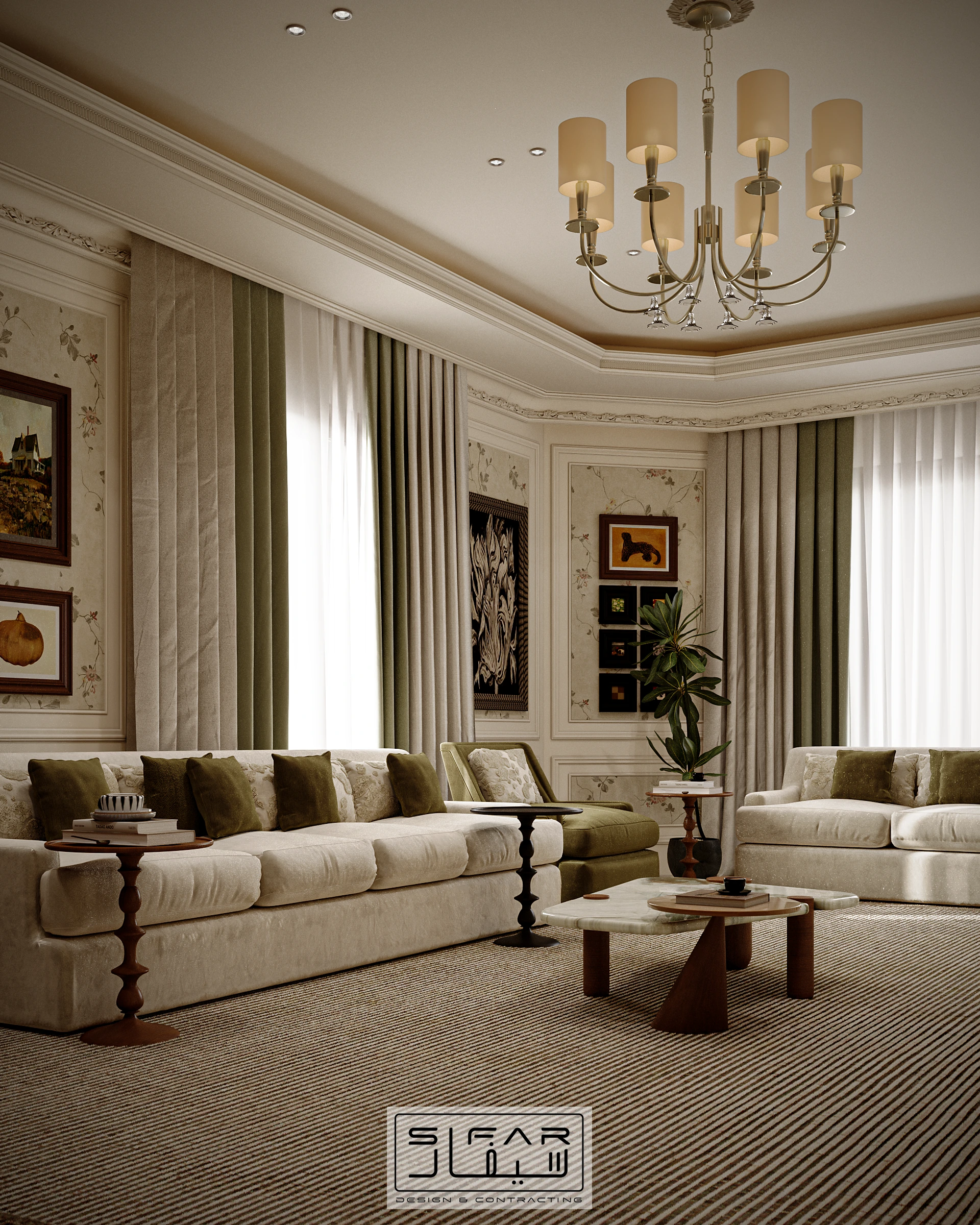 Aisha majlis corner view with long neutral sofas, olive cushions, sculptural tables, framed art, and classical ceiling detail