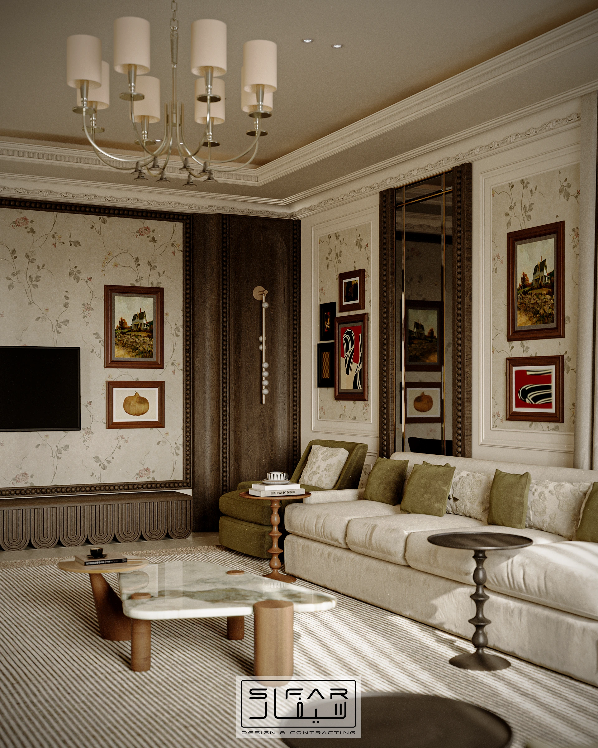 Majlis TV wall concept with framed artwork, dark timber portals, integrated media wall, neutral sofa, and olive accents