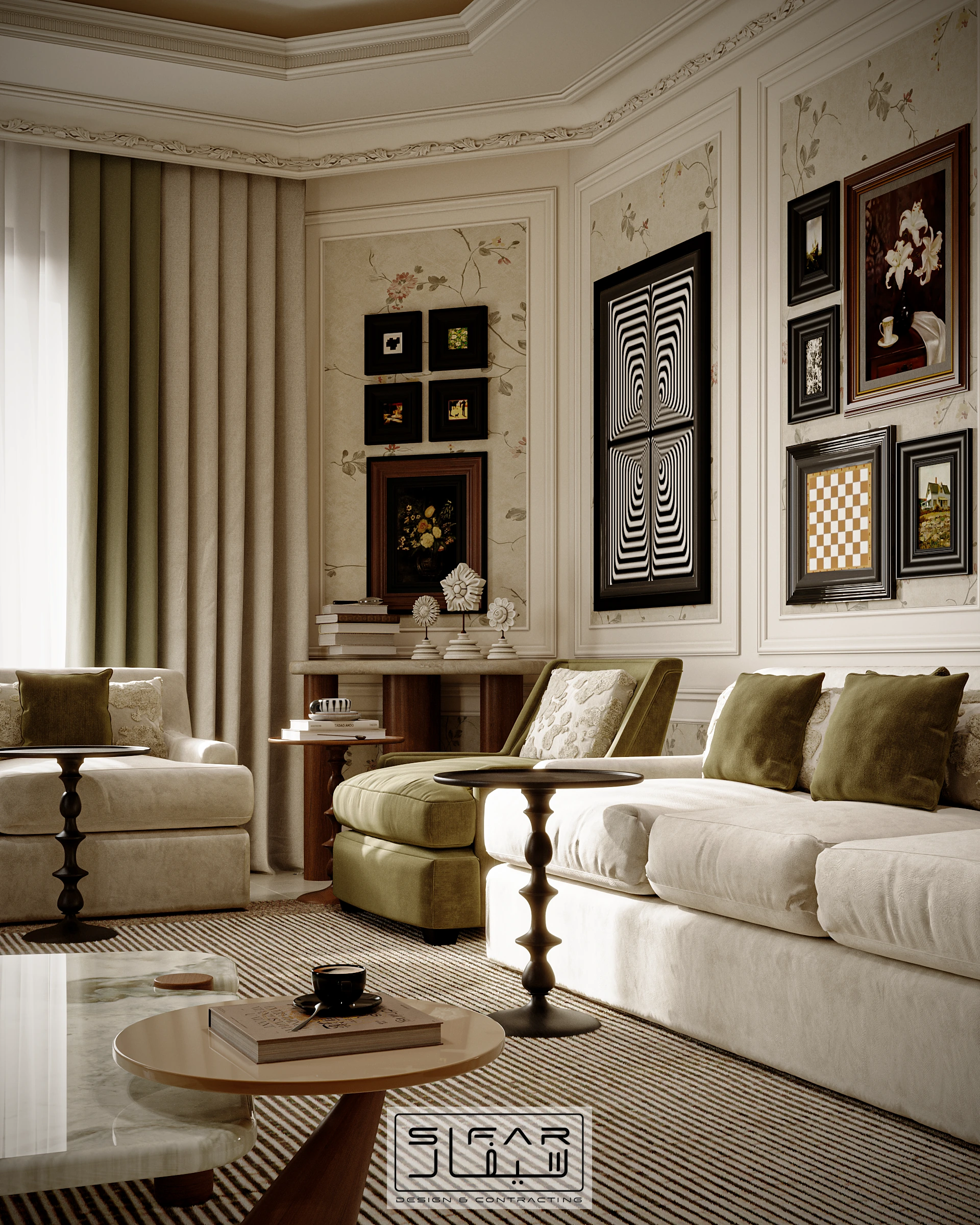 Aisha majlis sofa and art wall detail with neutral upholstery, olive armchair, framed artwork, and tailored mouldings