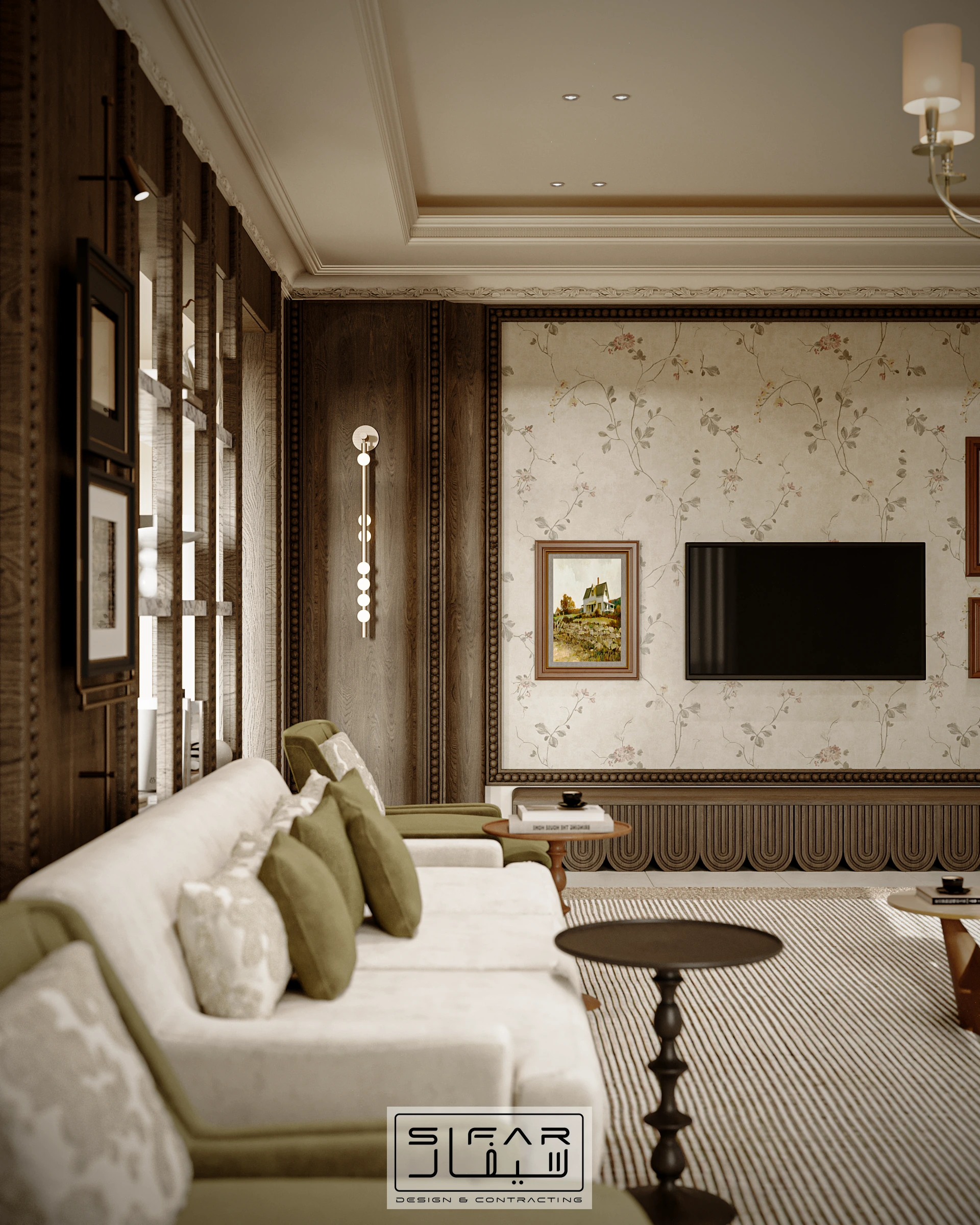 Majlis seating detail facing an integrated TV wall with warm timber panels, neutral sectional sofa, and olive cushions