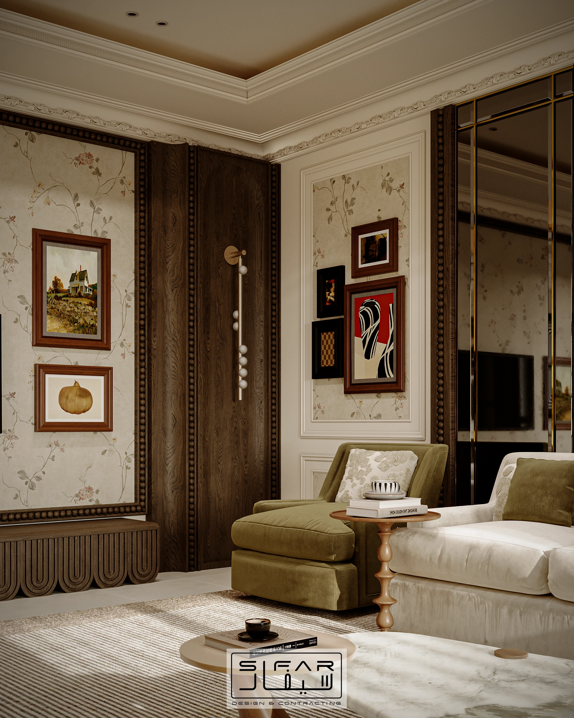 Custom majlis wall panel detail with dark timber portal, framed artwork, olive chair, and decorative lower panelling