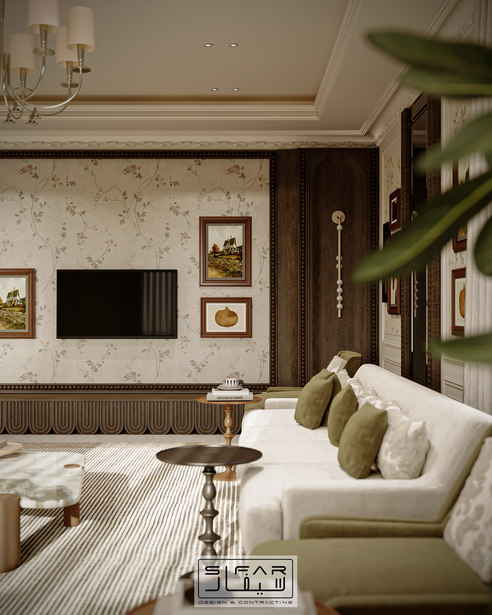 Styled Aisha majlis detail with neutral sectional seating, olive cushions, framed artwork, dark timber accents, and side tables