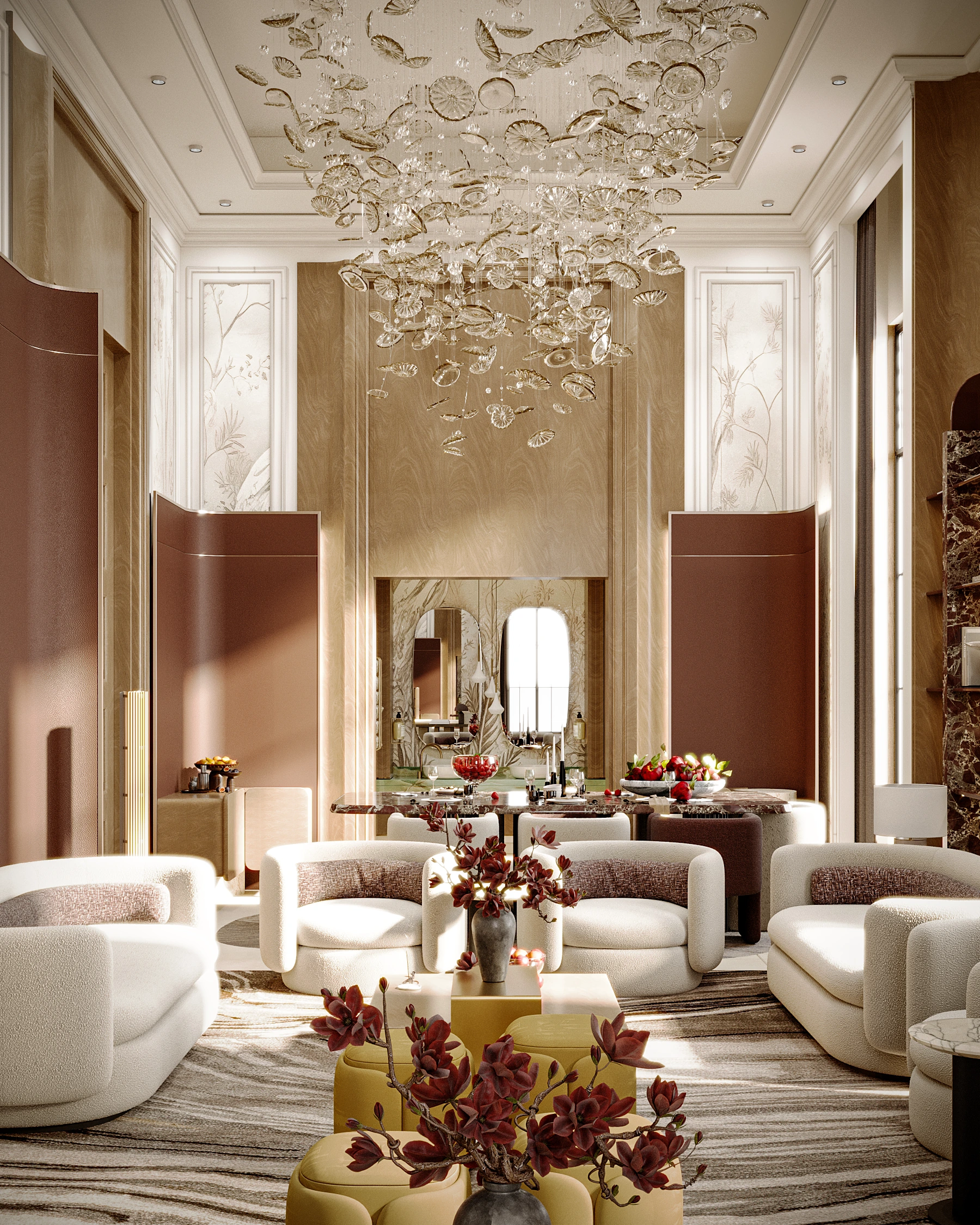 SIFAR Majlis Amina concept with double-height proportions, sculptural chandelier, curved white seating, warm bronze walls, and yellow ottomans