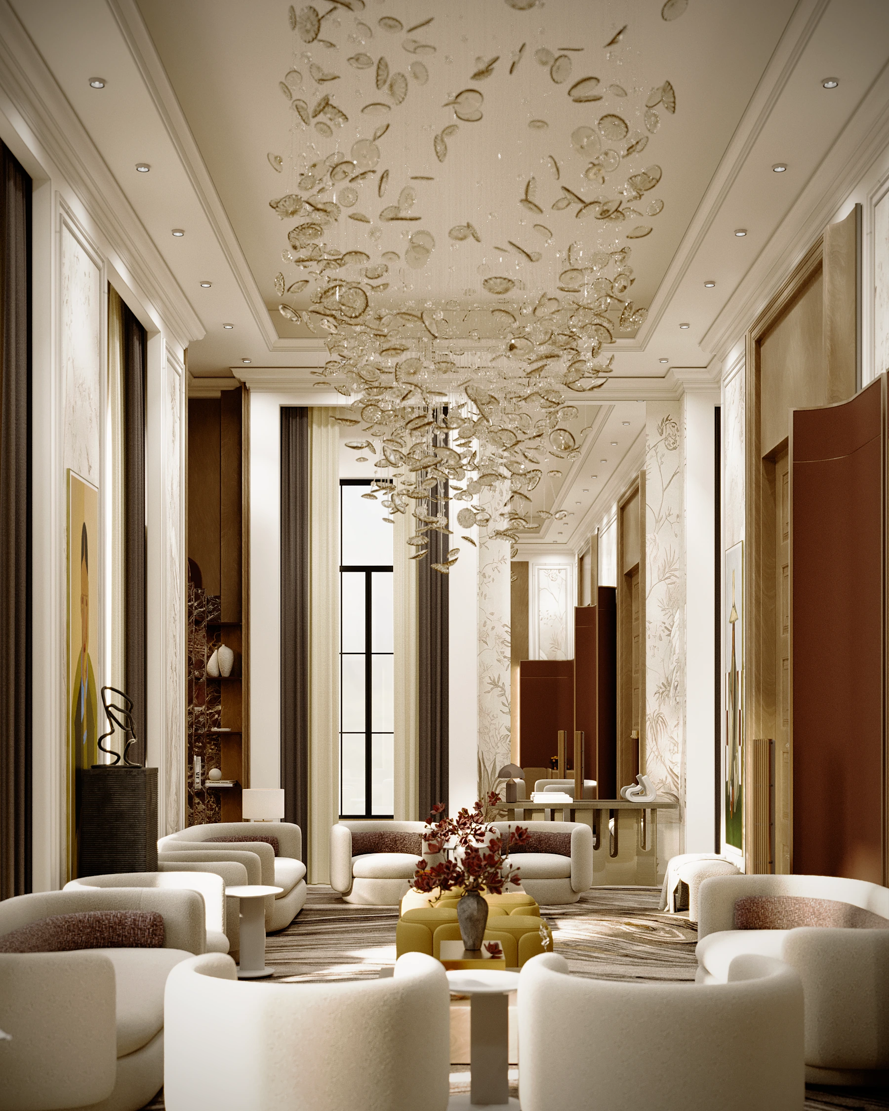 Majlis Amina grand interior view with tall windows, sculptural ceiling installation, curved sofas, bronze accents, and layered seating