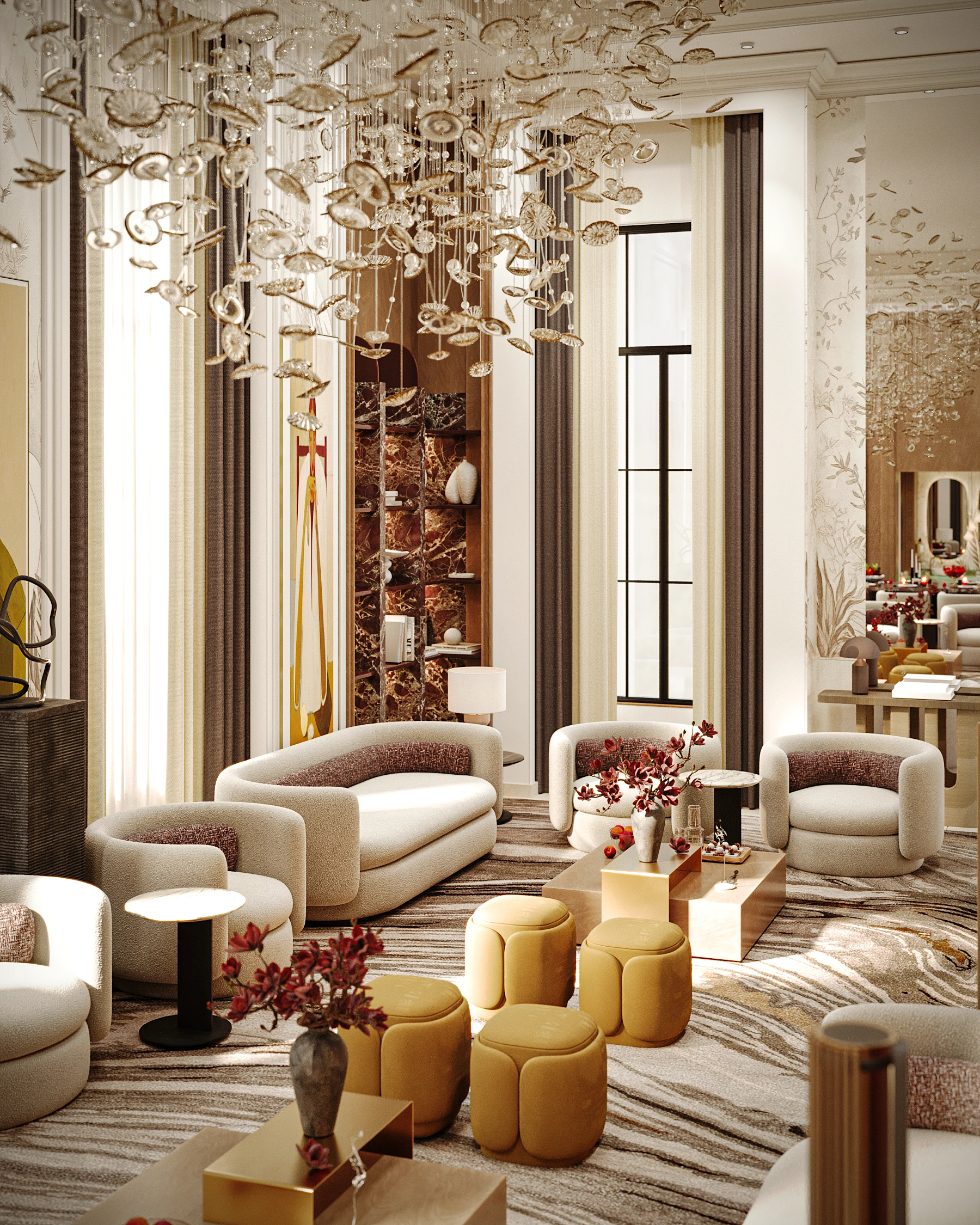 Contemporary majlis seating overview with curved white sofas, mustard ottomans, tall glazing, and dramatic sculptural lighting
