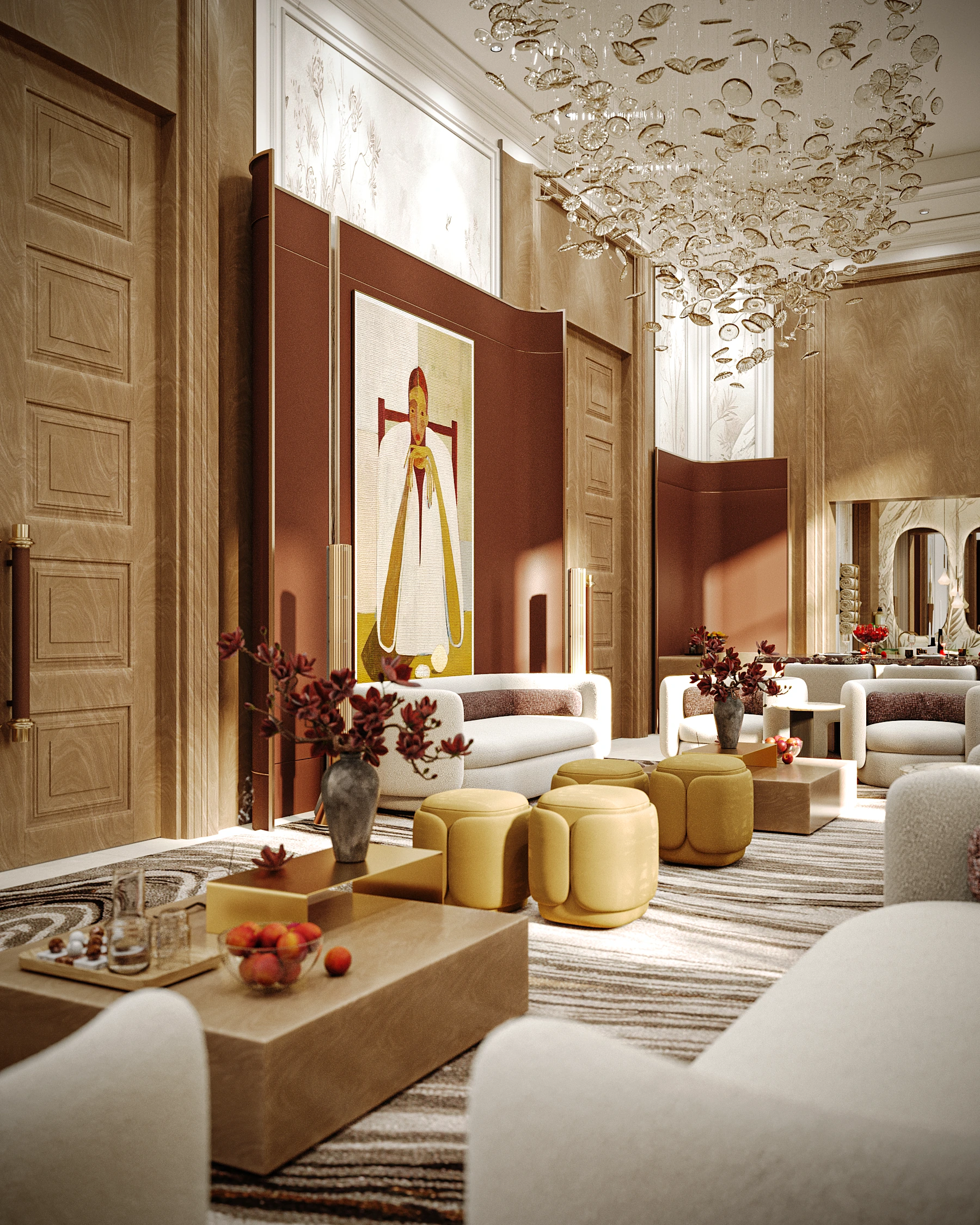 Majlis Amina lounge perspective with curved seating, warm bronze feature walls, mustard ottomans, and decorative ceiling lighting