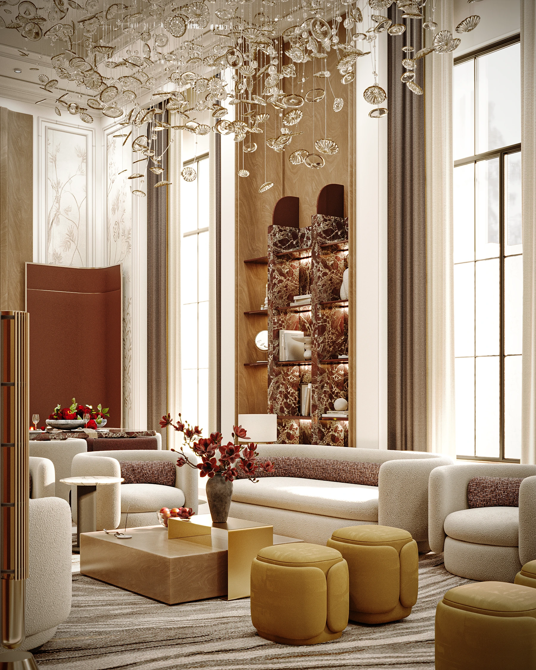 Majlis Amina window seating detail with tall glazing, curved white sofa, mustard ottomans, bronze shelving, and sculptural lighting