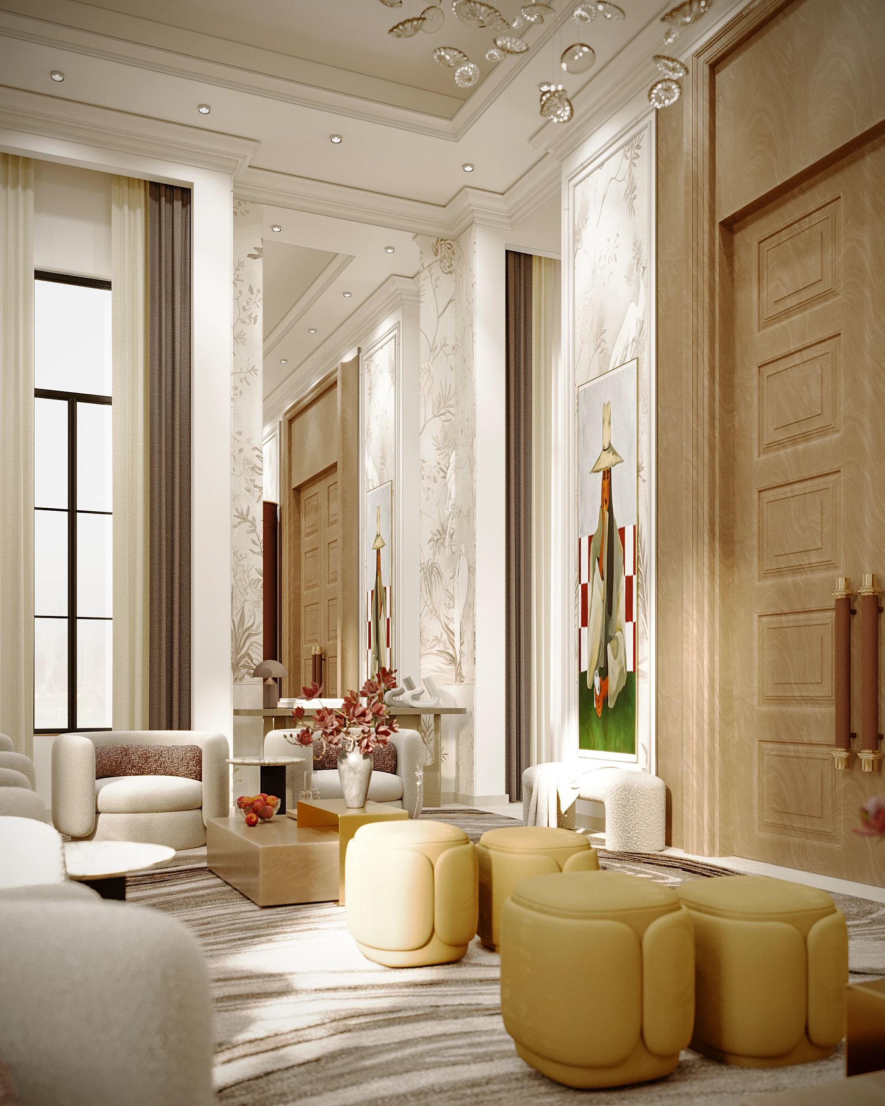 Majlis Amina feature wall detail with warm bronze panels, contemporary art, white seating, mustard ottomans, and national flag display