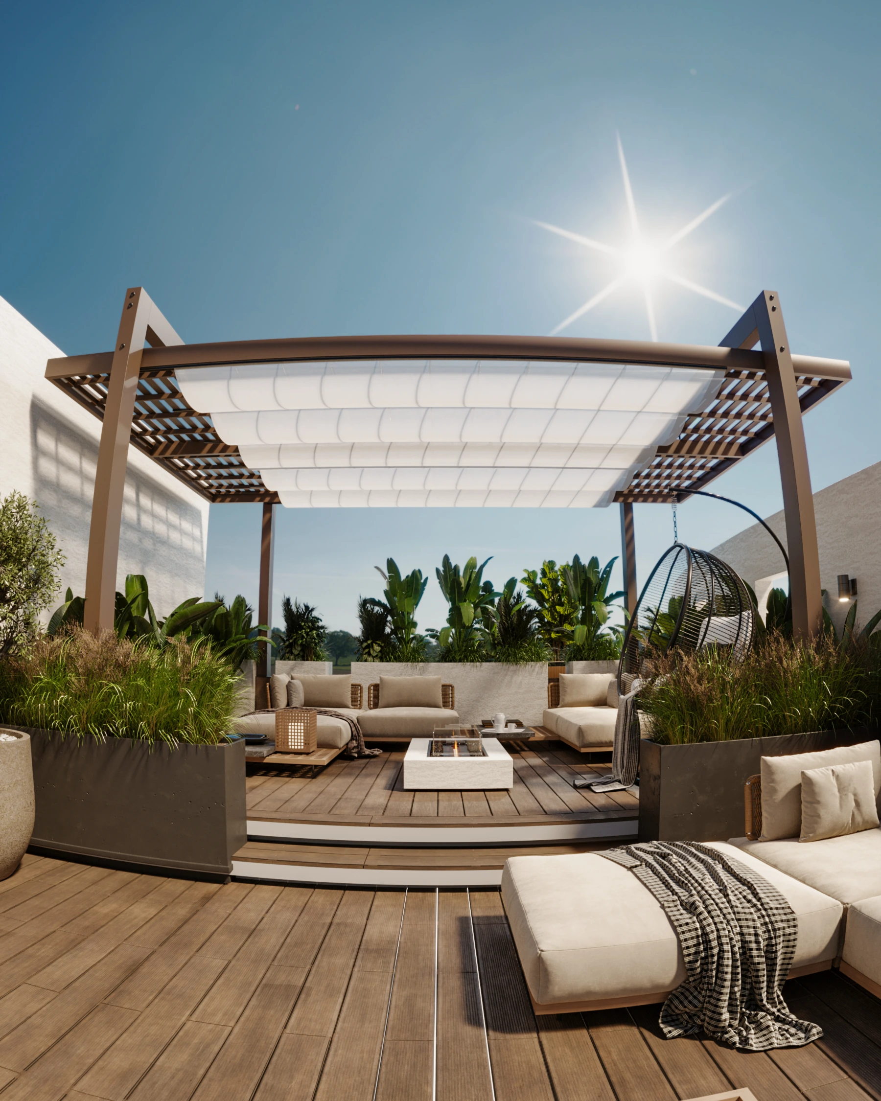 SIFAR terrace sitting concept with pergola shade, layered lounge seating, timber decking, and lush perimeter planting