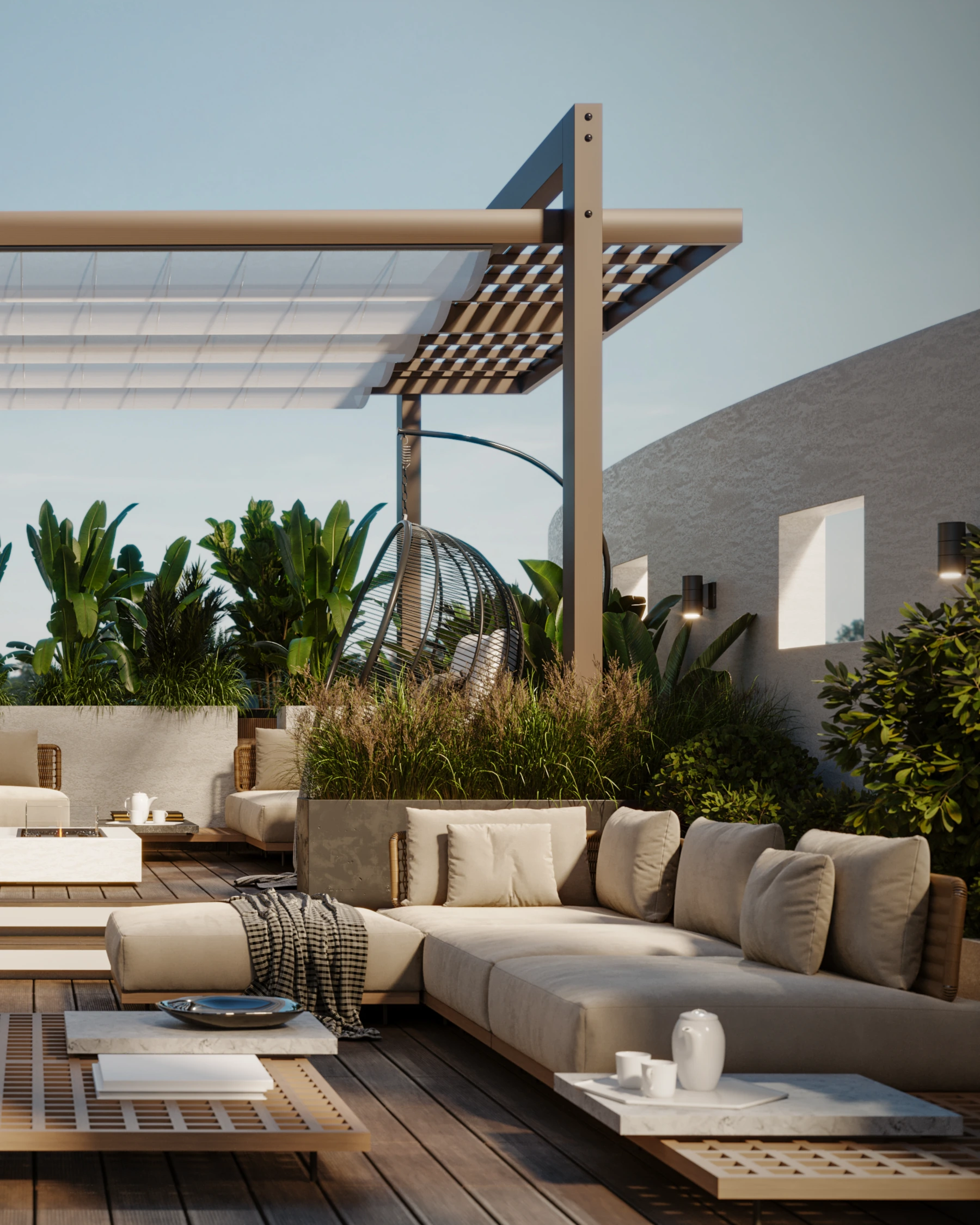 Terrace lounge wide view with pergola, sectional seating, hanging chair, timber deck, and integrated planting