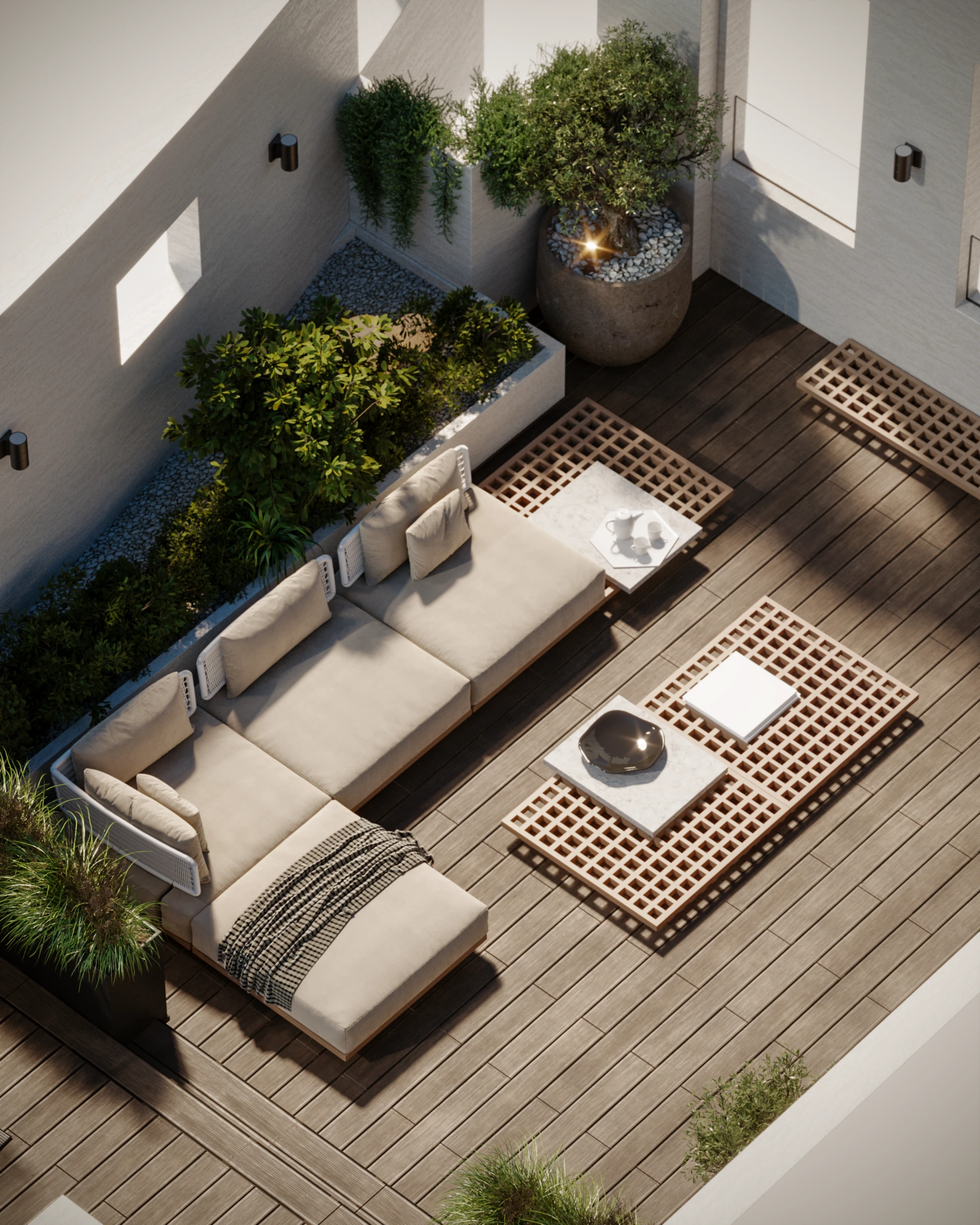 Terrace overhead concept showing sectional seating, central coffee tables, timber decking, and landscaped borders
