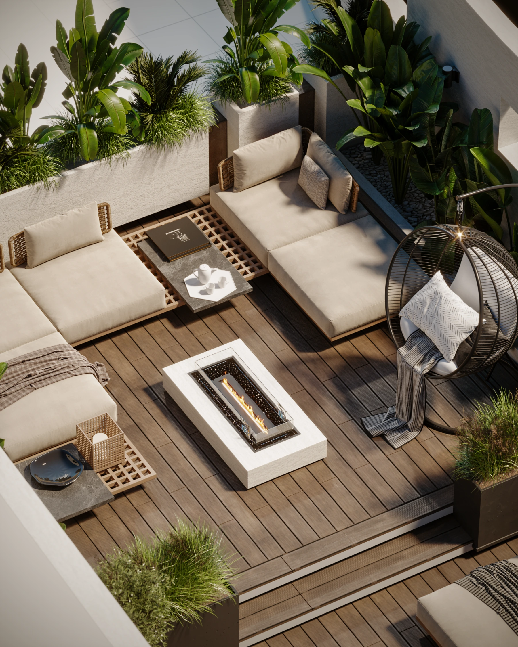 Outdoor terrace fire-pit zone viewed from above with sectional seating, hanging chair, timber deck, and lush planting