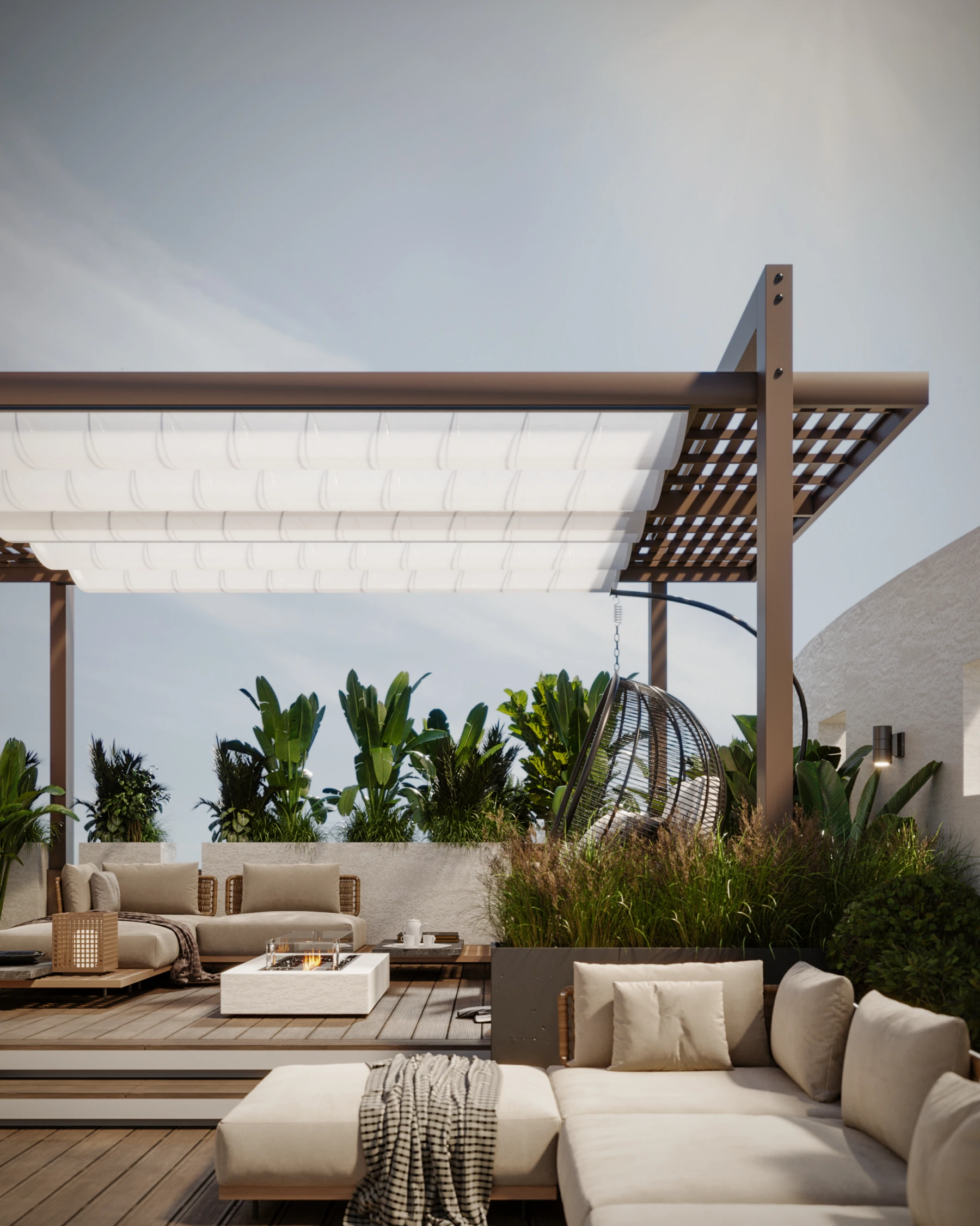 Pergola terrace seating concept with neutral sectional sofas, timber decking, layered planting, and soft outdoor textiles