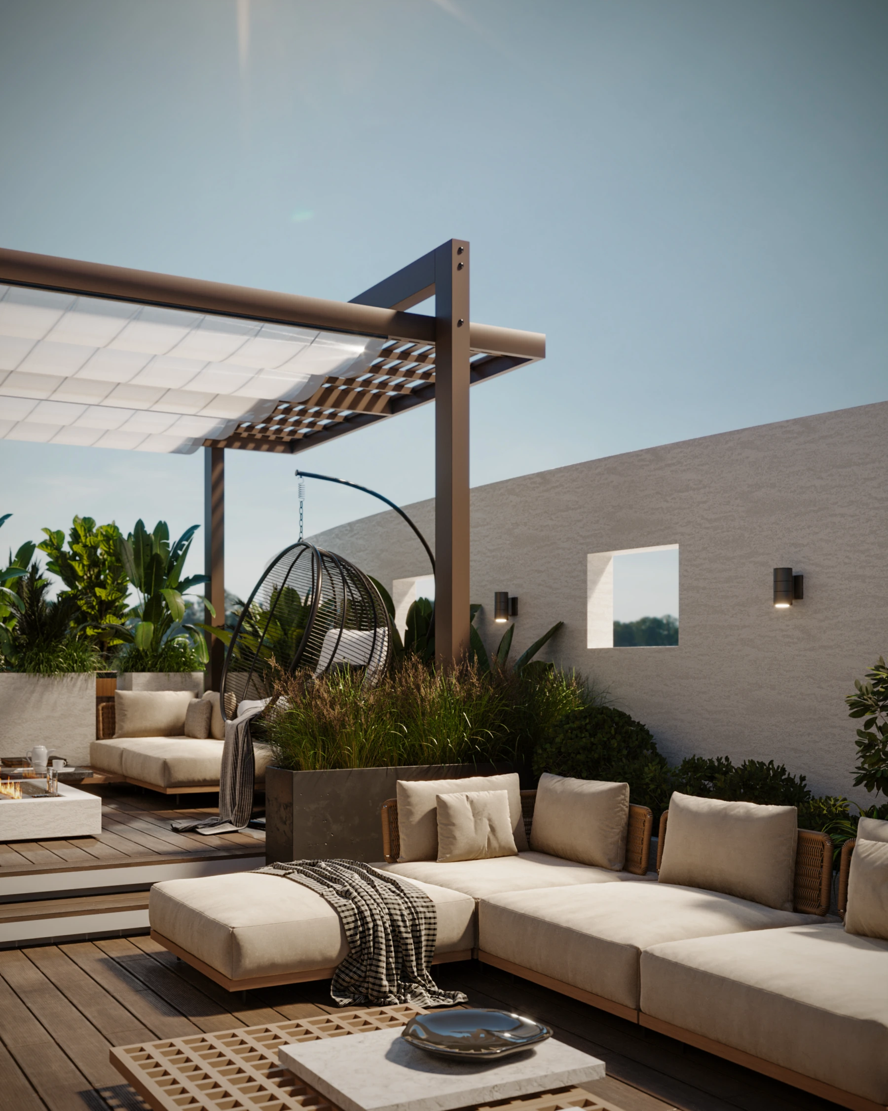 Terrace corner lounge with L-shaped neutral seating, hanging chair, pergola structure, and dense tropical planting
