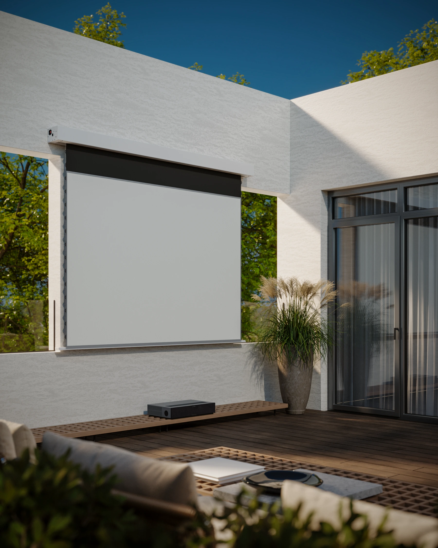 Terrace outdoor cinema concept with large projection screen, timber deck, planting, and lounge seating