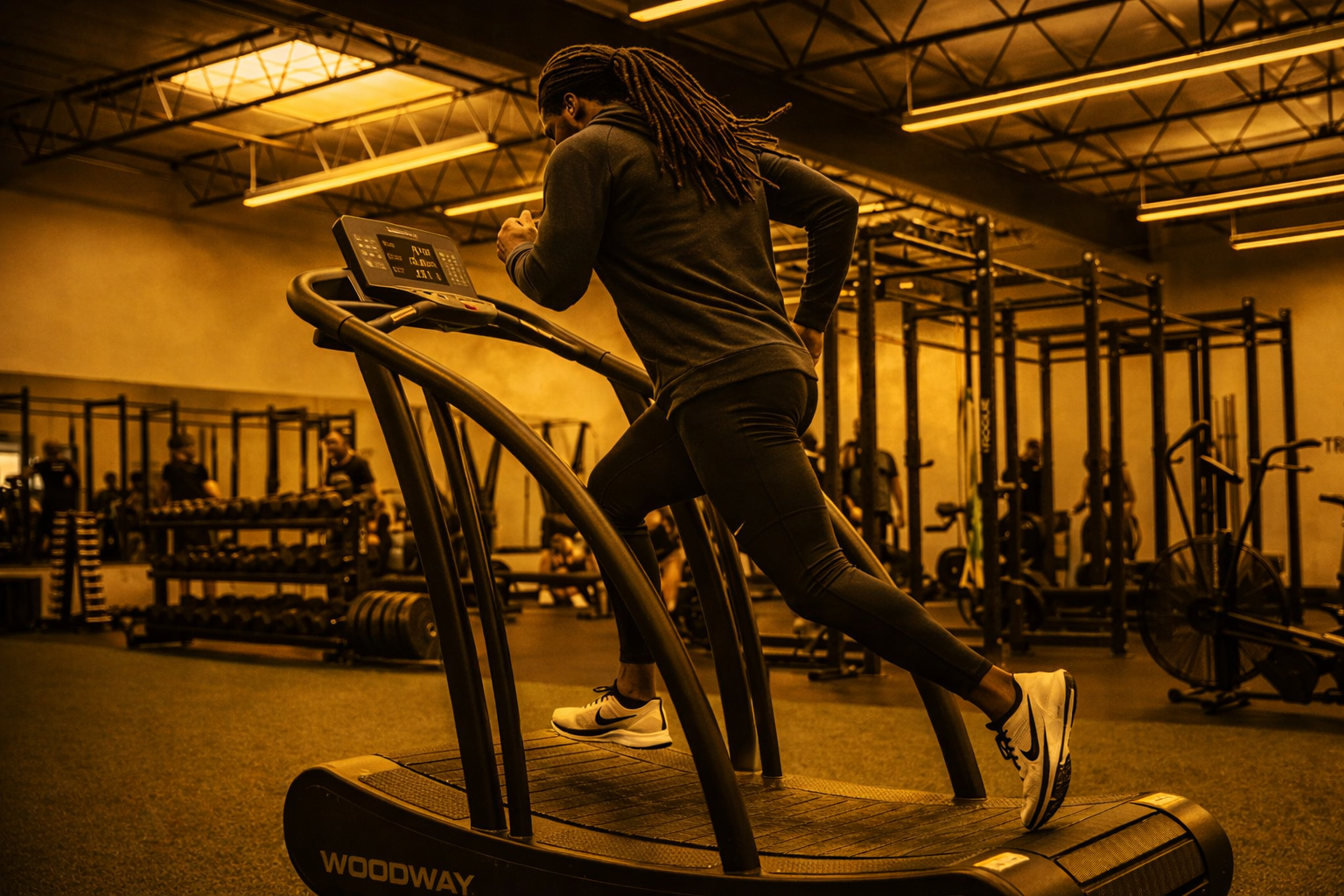 Elite athlete training intensely in a premium dark gym setting, demonstrating ultimate discipline and strength