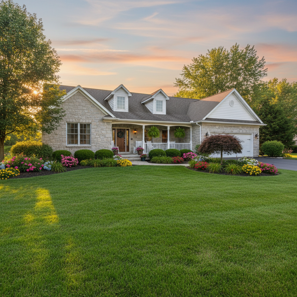 Professional photograph of a stunning Berrien Springs Michigan suburban home exterior featuring a pristine manicured emerald green lawn, lush professionally trimmed landscaping with colorful flower beds and shrubs, a clean paved driveway, charming front porch, and warm golden hour sunlight casting long shadows across the property