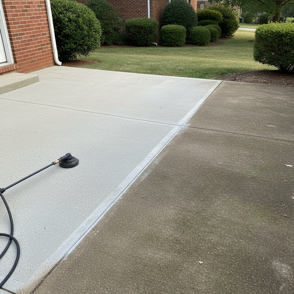 A clean concrete patio with a stark contrast between washed and unwashed sections