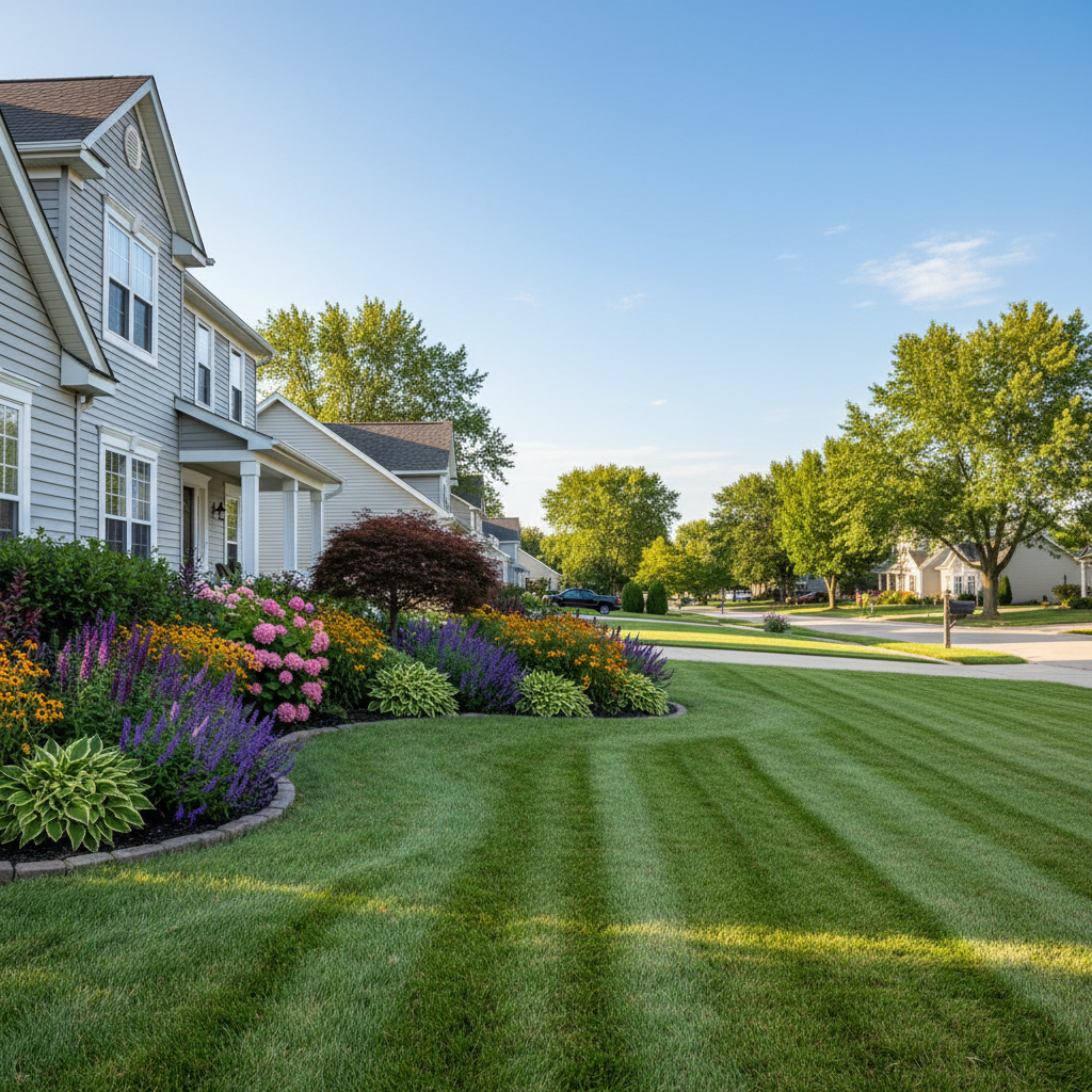 A perfectly manicured lawn and garden bed in a Berrien Springs neighborhood