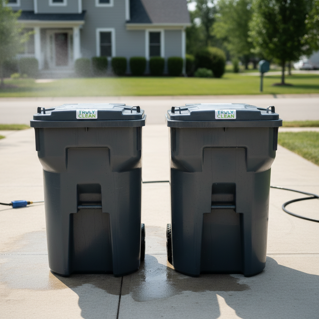 Sparkling clean and sanitized trash bins sitting neatly on a suburban driveway