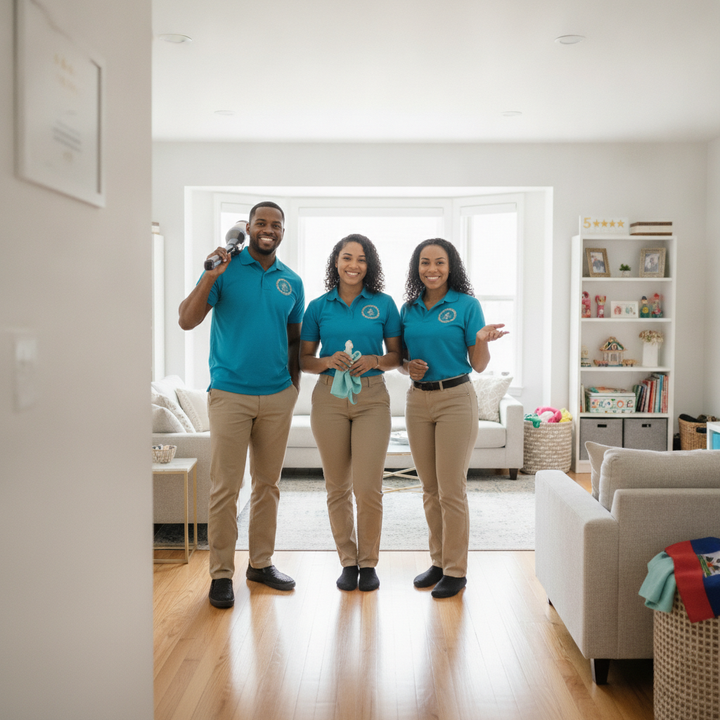 Friendly Haitian-American cleaning team from Nèg Mawon smiling in a bright Philadelphia home