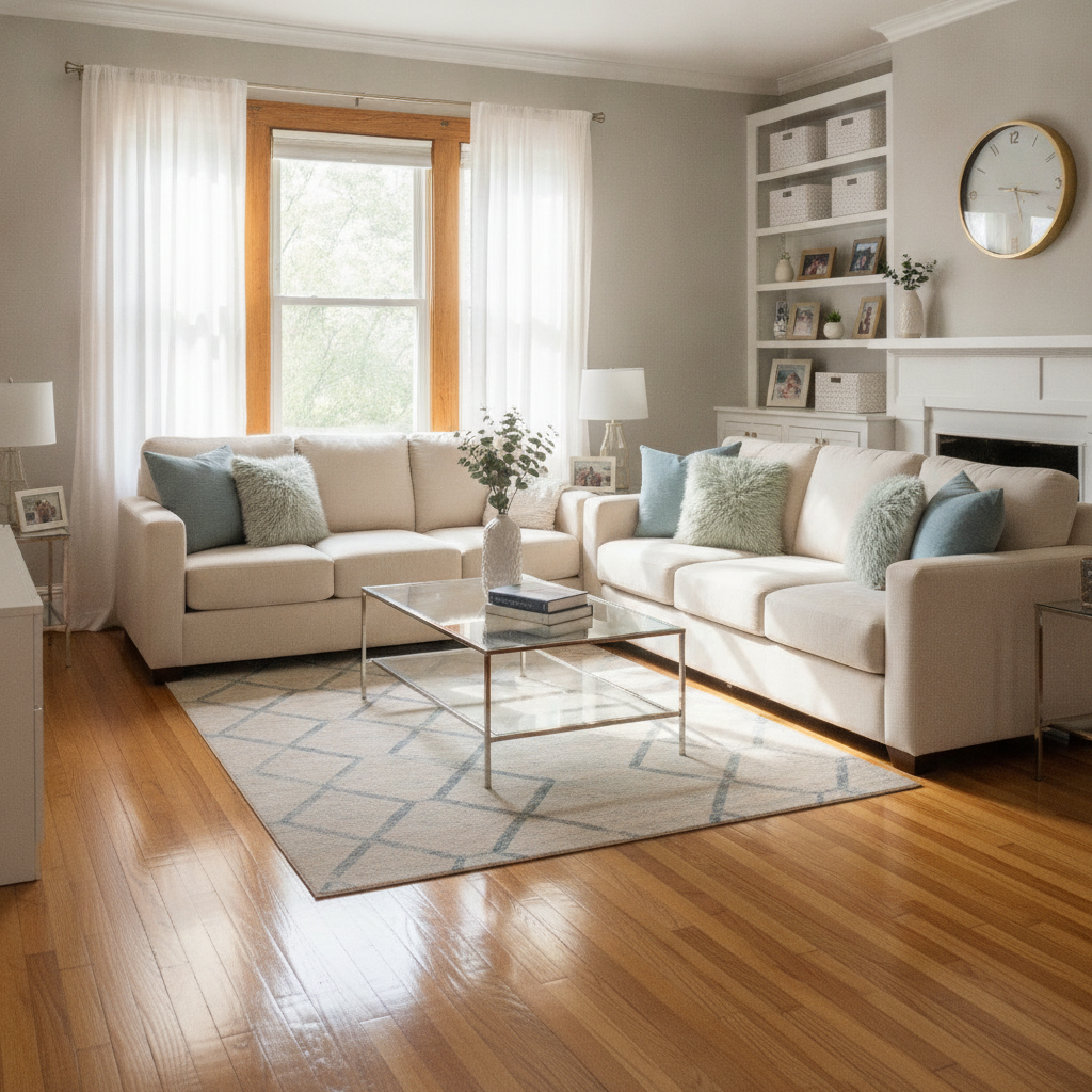 Bright, sunlit, spotlessly cleaned Philadelphia row home living room with polished hardwood floors and pristine furniture after professional cleaning by Nèg Mawon Cleaning Services
