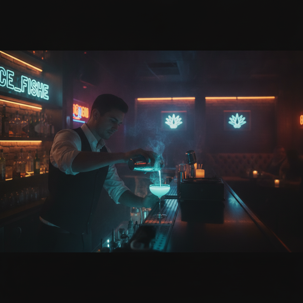 A professional bartender mixing a glowing cocktail in a dark, moody speakeasy with neon accents