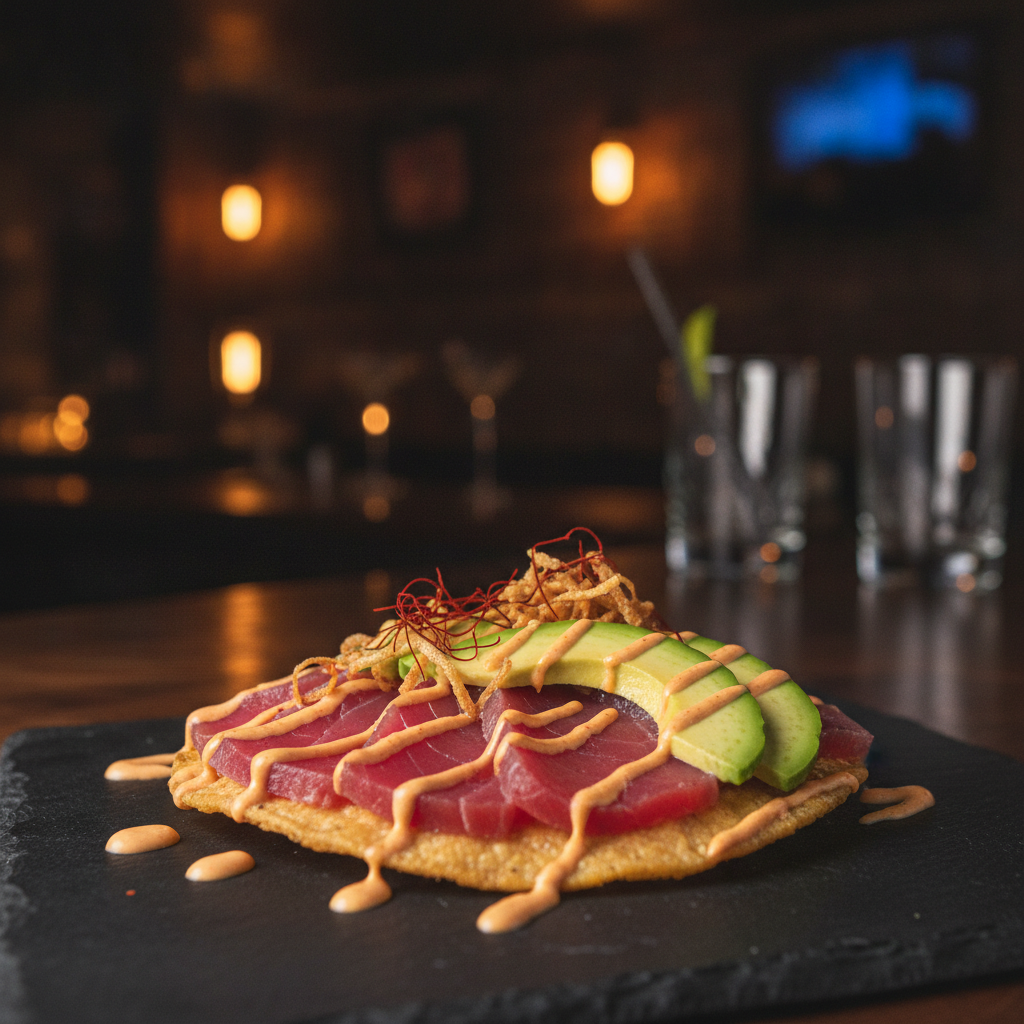 A beautifully plated Tuna Sashimi Tostada with avocado and chili threads on a dark slate