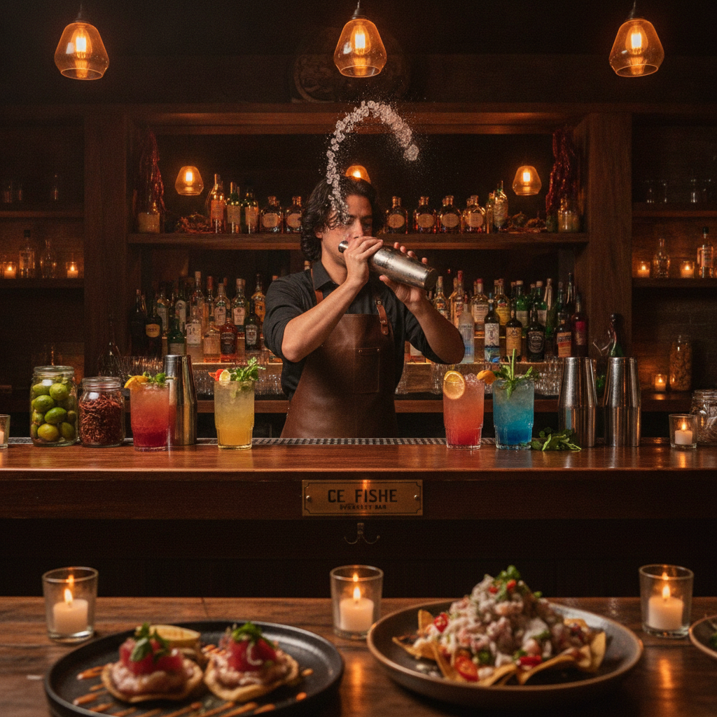 Bartender mixing cocktails in a dimly lit, moody speakeasy Mexican seafood restaurant in Pomona