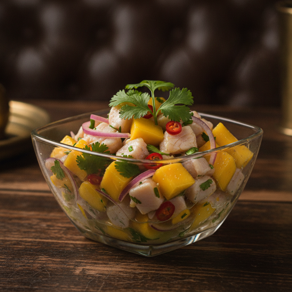 Close-up of a vibrant Mango Habanero Ceviche in a glass bowl, garnished with cilantro