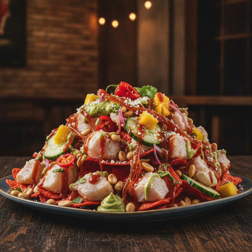 An overflowing plate of Dorilocos Ceviche Nachos with various toppings and sauces