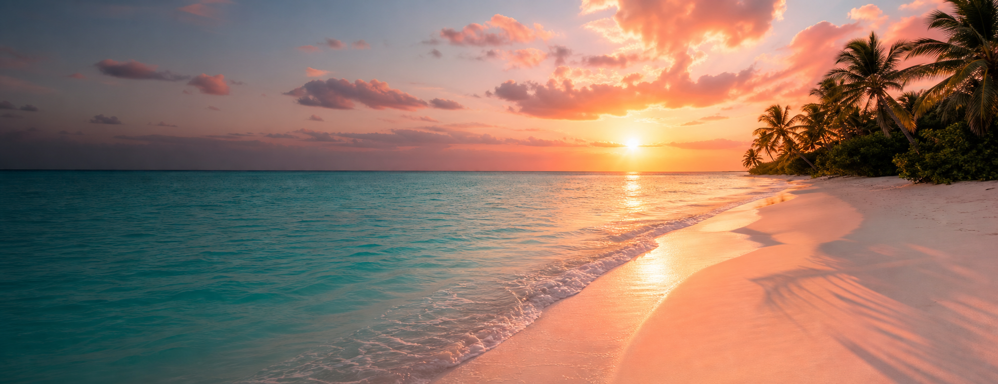 Editorial style photo of a woman in vibrant coral swimwear walking confidently on a pristine white sand beach