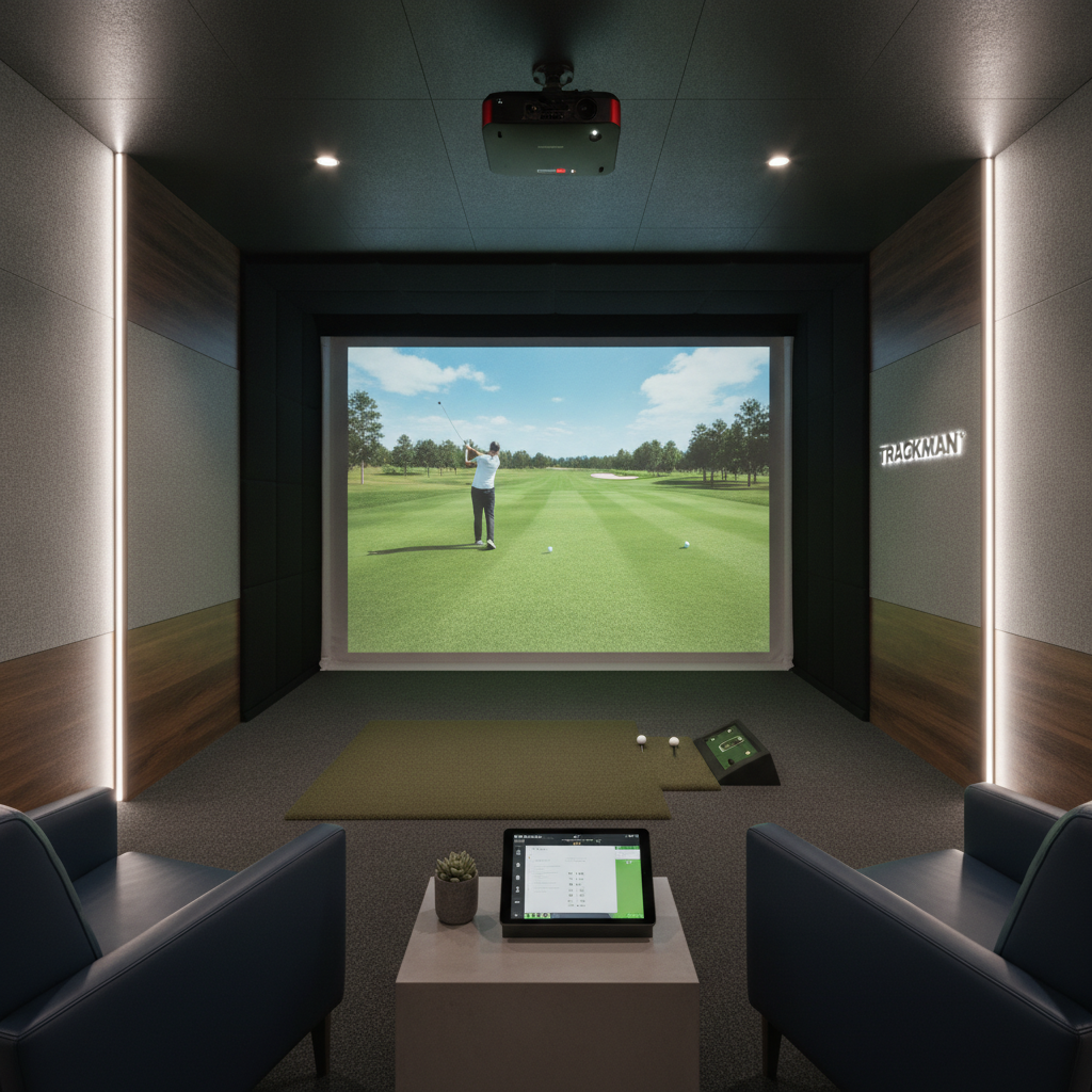A modern indoor golf simulator bay with Trackman 4 launch monitor technology